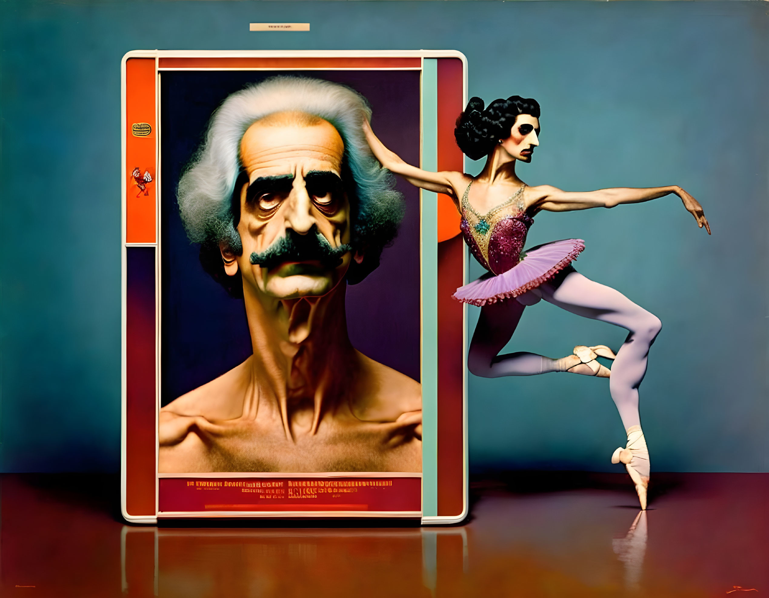 Whimsical vintage book with surreal man's face and ballet dancer pose