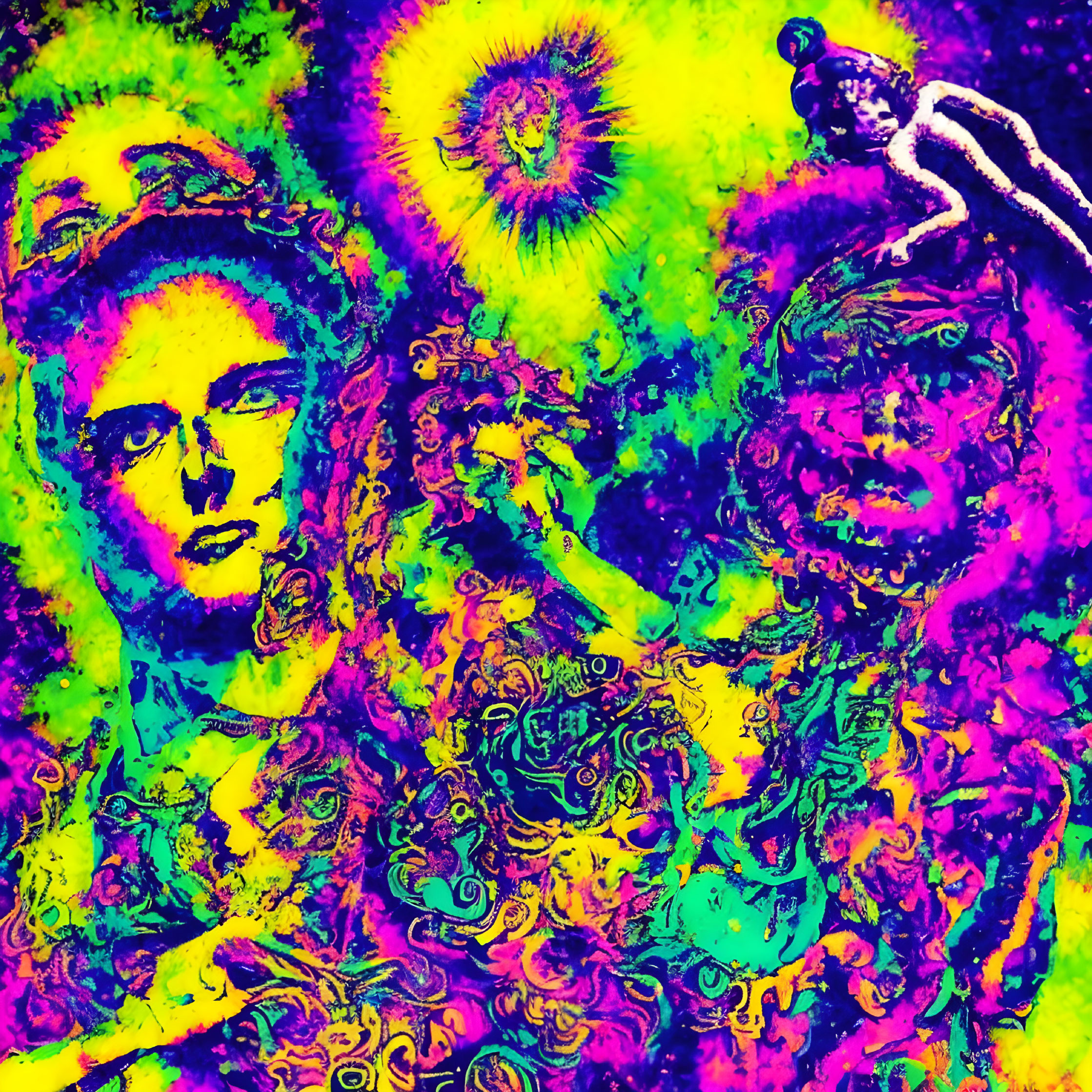 Vivid Psychedelic Image with Abstract Forms and Distorted Faces