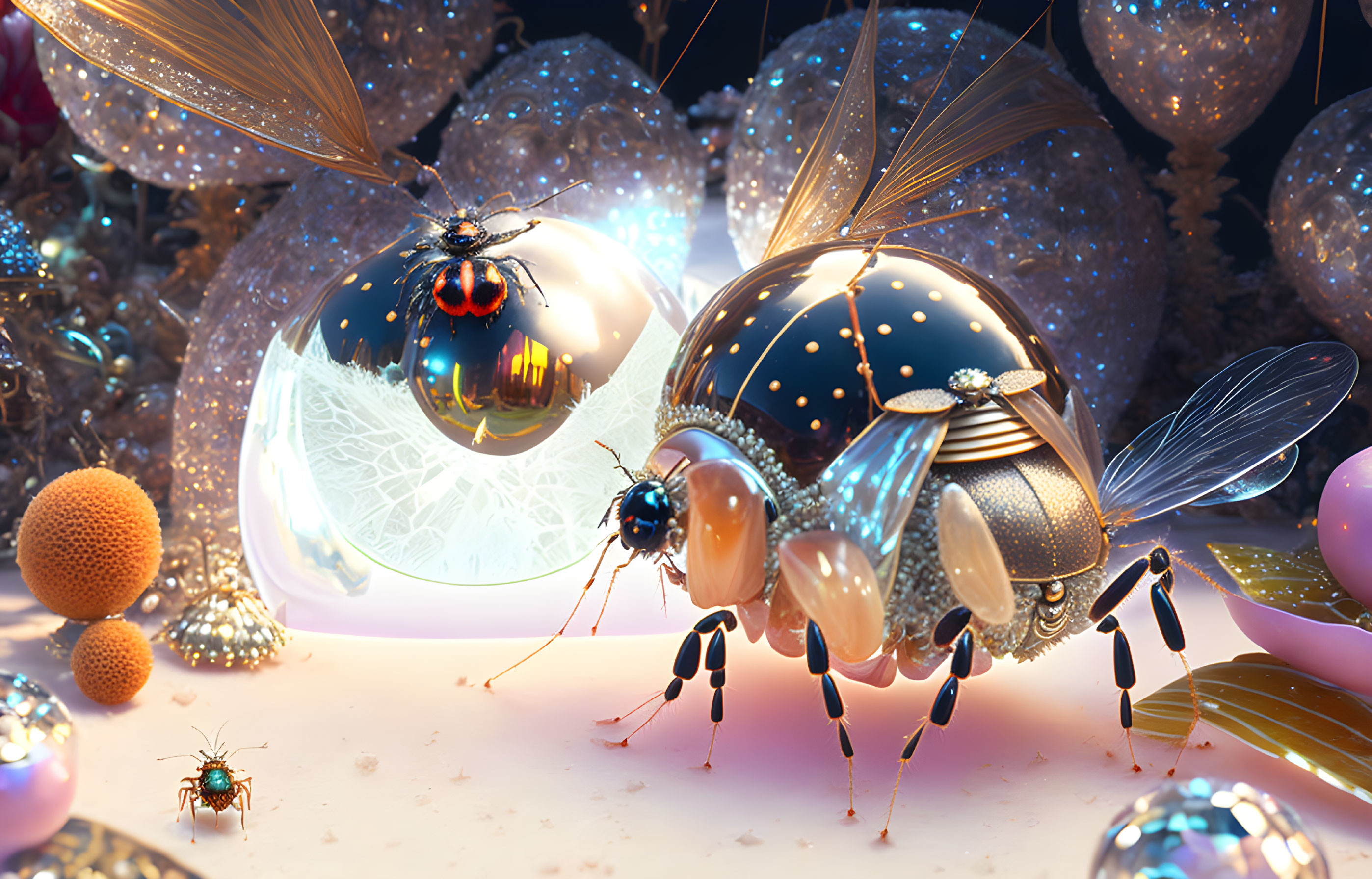 Festive scene: oversized bees with Christmas ornaments in snowy setting