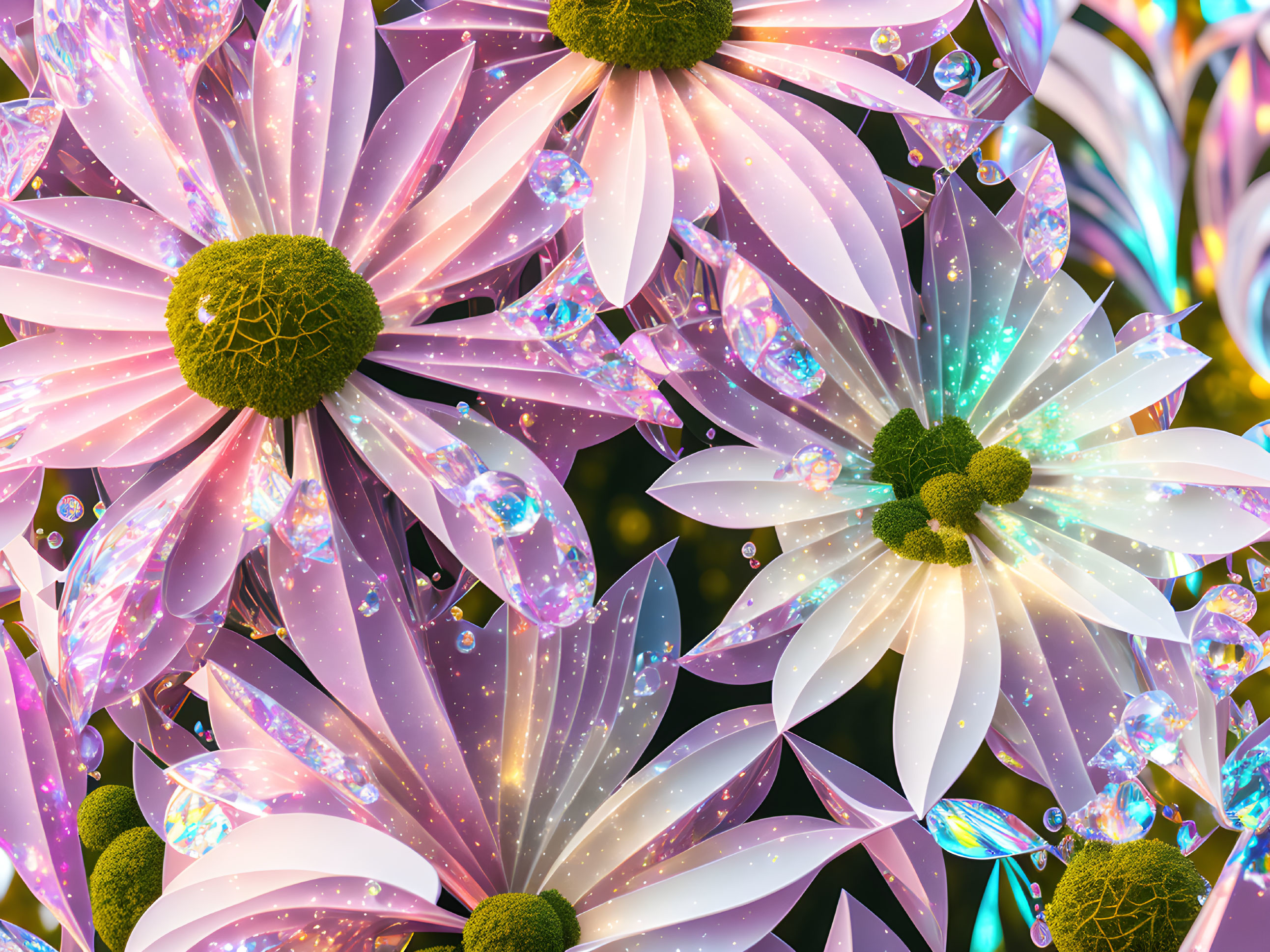 Sparkling Translucent Flower Artwork with Dewdrops