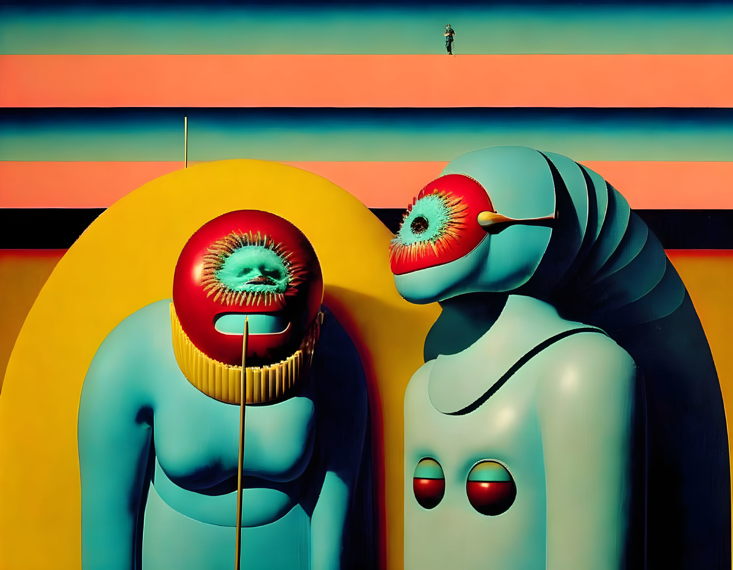 Surrealist artwork: Two eye-faced figures, warm striped background, small figure on top