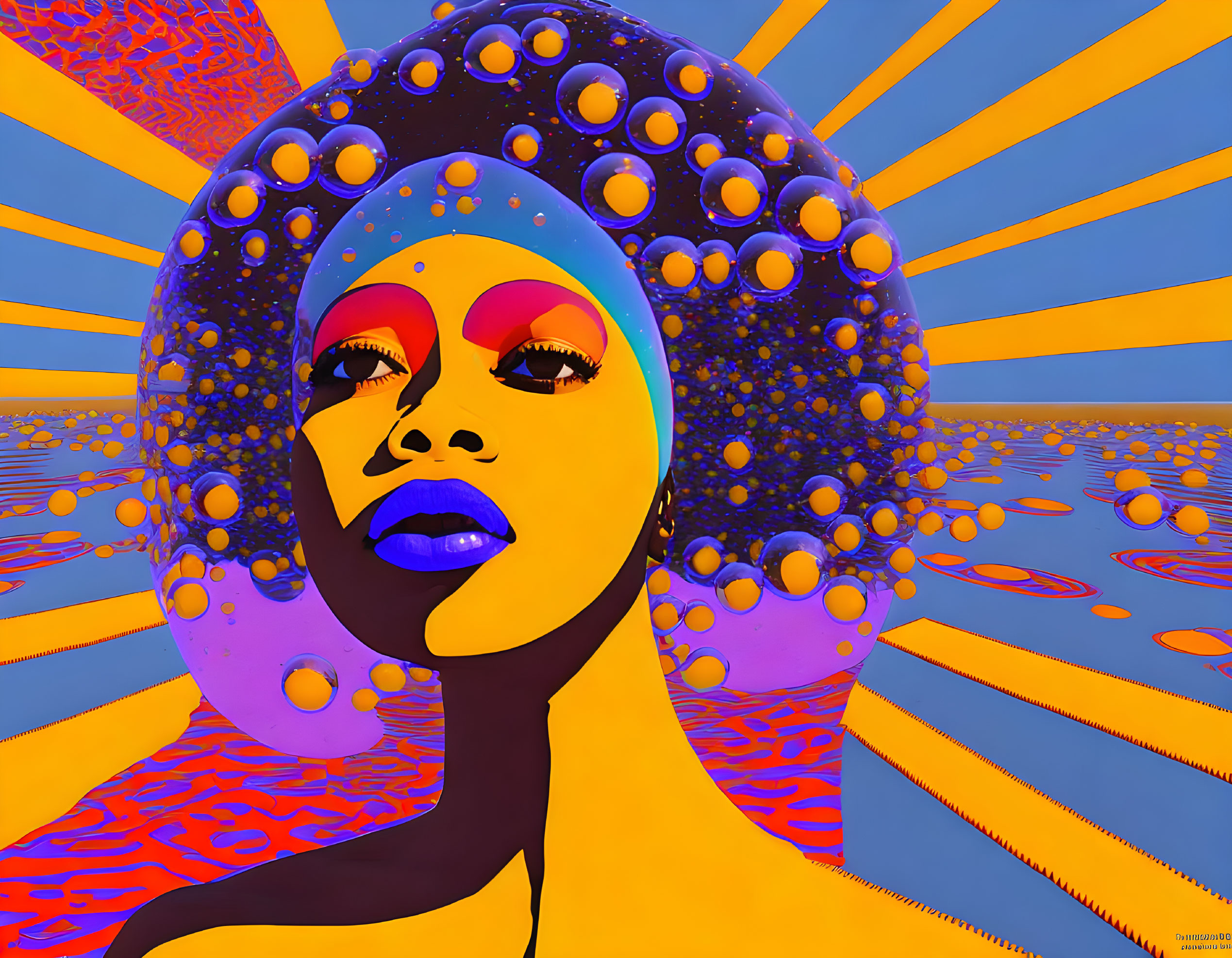 Vibrant digital art: stylized woman with afro and spheres on psychedelic background