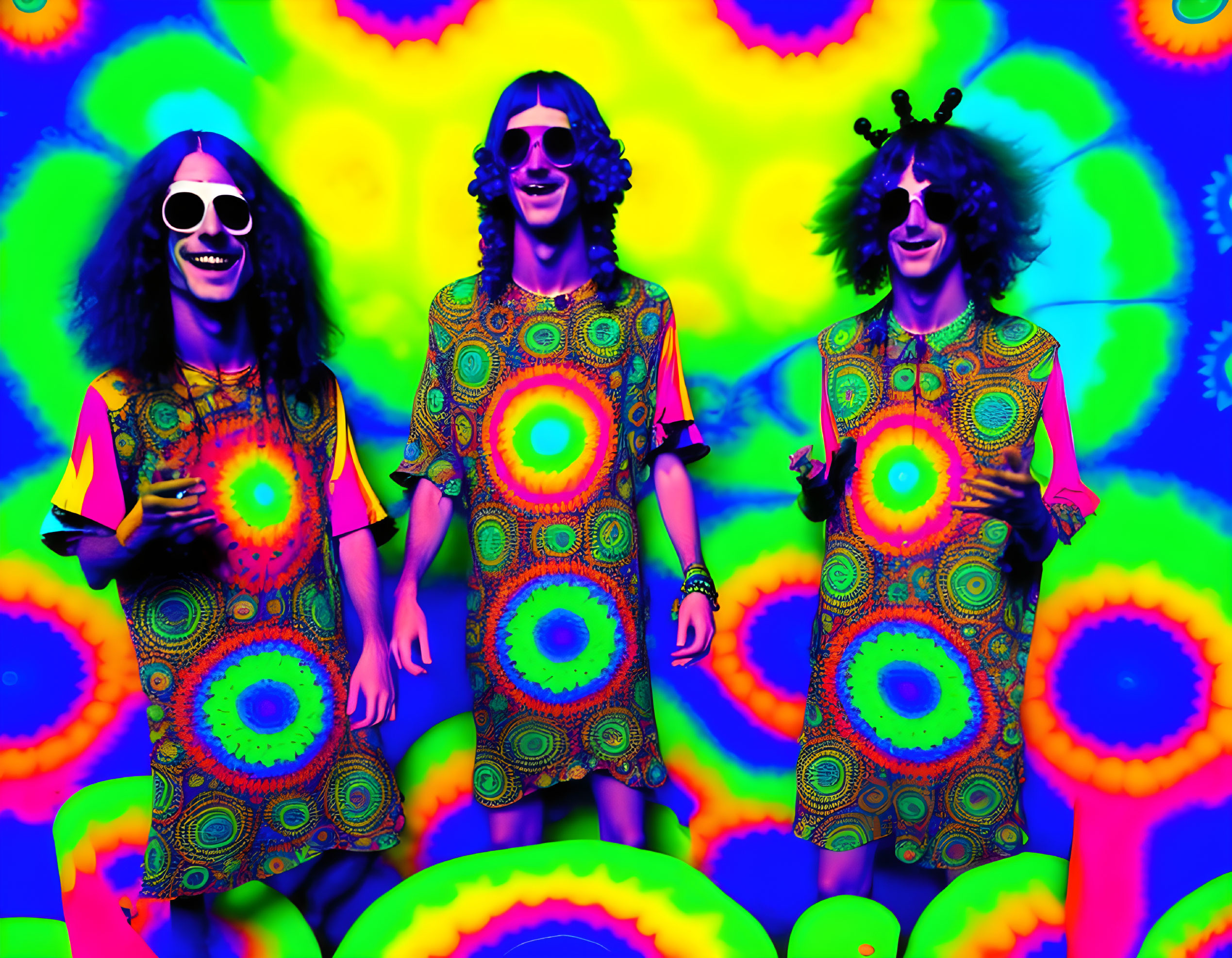 Three individuals in vibrant psychedelic attire on tie-dye backdrop