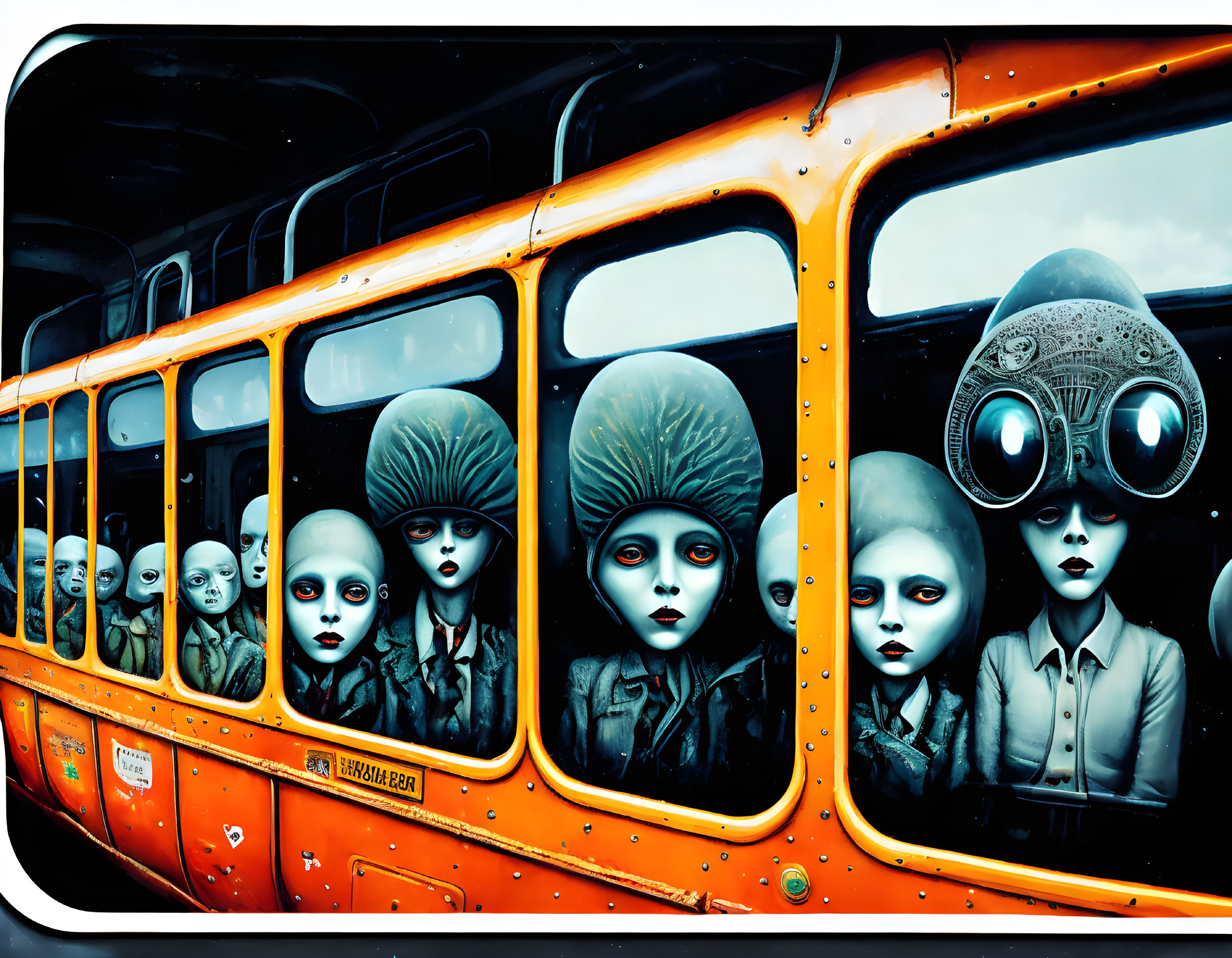 Illustrated orange bus with characters: pale faces, dark eyes, vintage hairstyles.