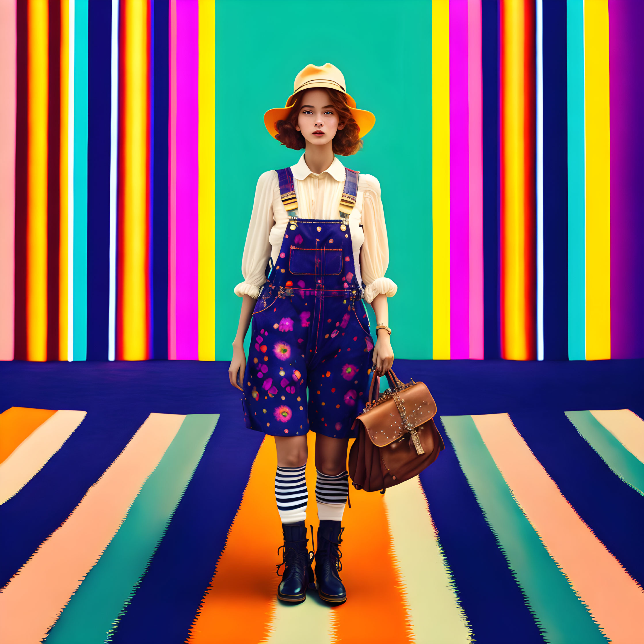 Fashionable individual in vintage-inspired outfit against vibrant striped backdrop with brown bag, yellow hat, overalls