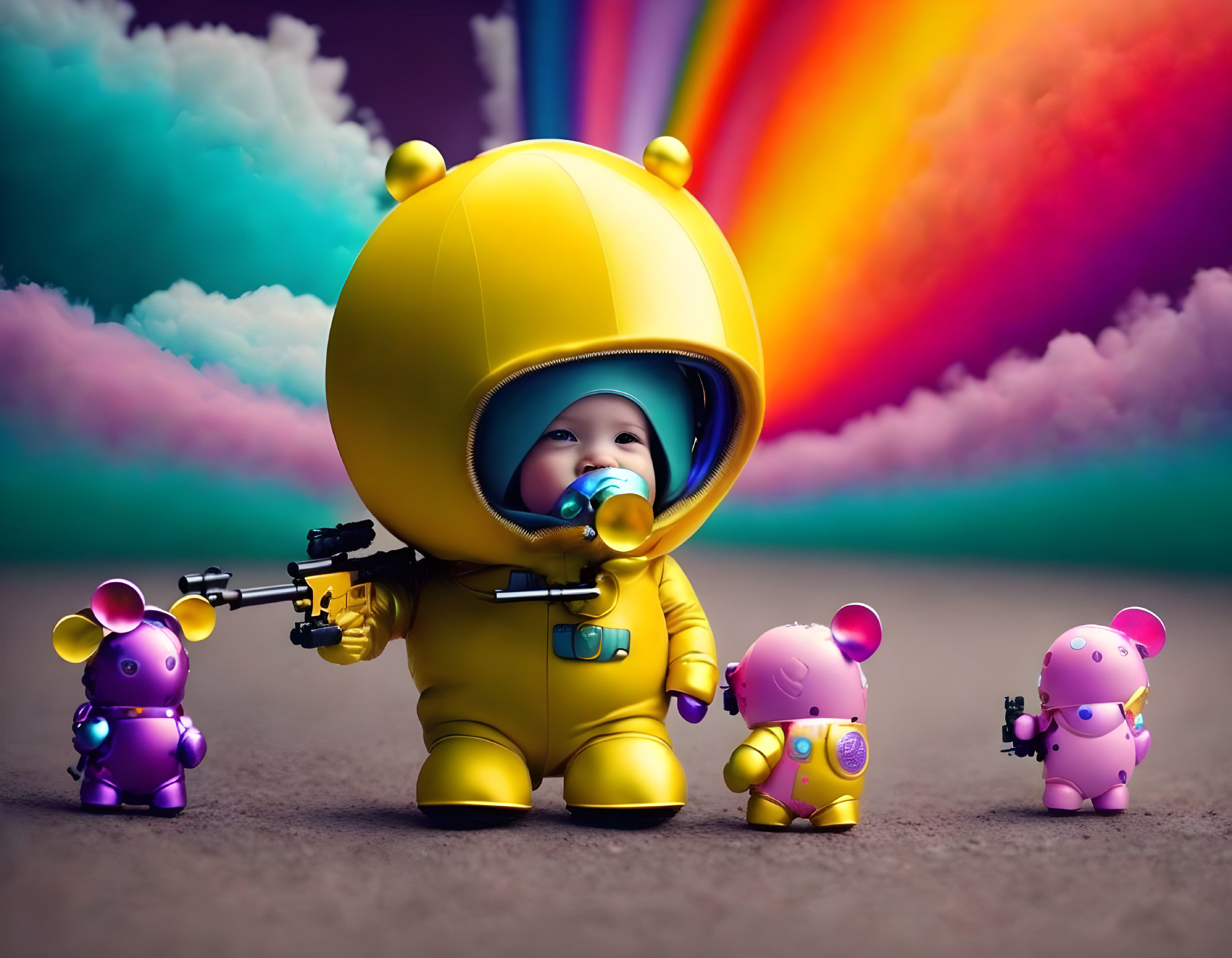 Baby in Yellow Astronaut Costume Surrounded by Toy Bears and Rainbow Background