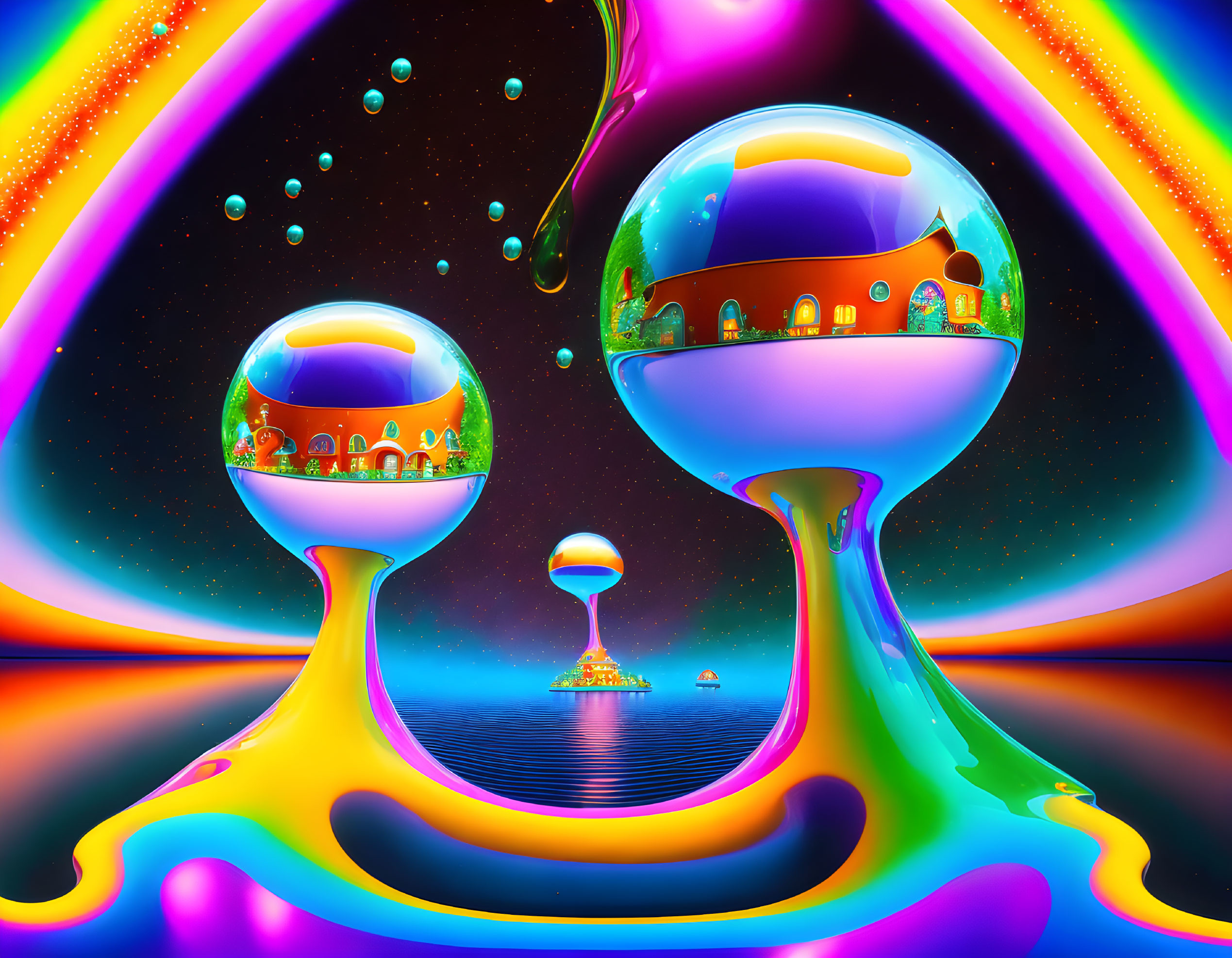 Colorful Liquid Shapes and Reflective Spheres in Surreal Landscape