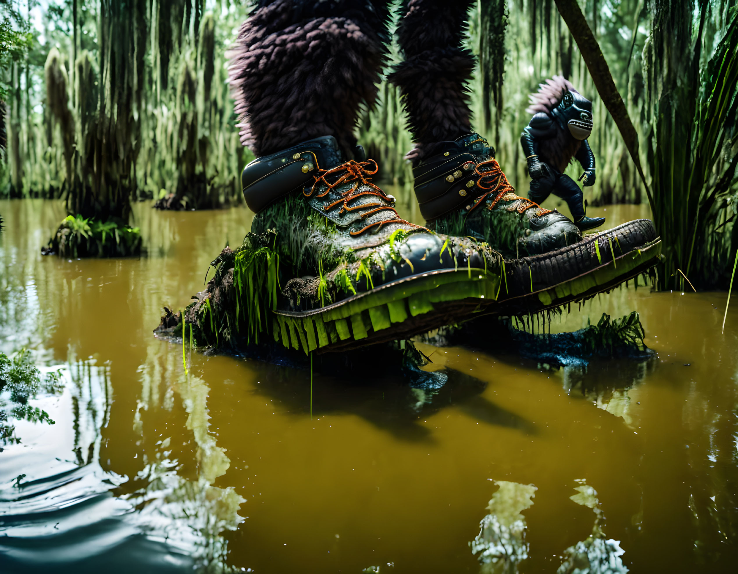 Muddy boots with orange laces on log over swamp water