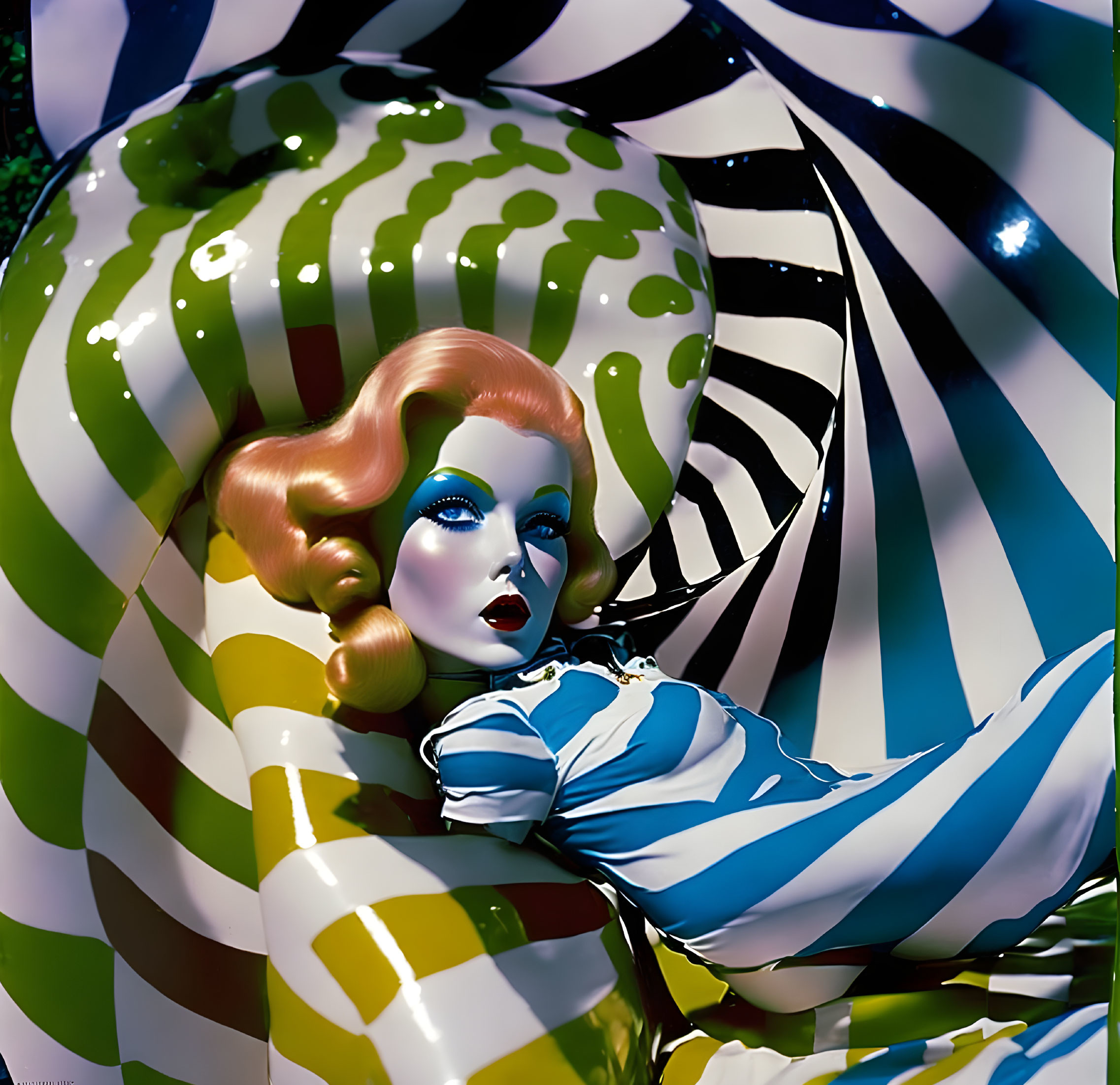 Voluminous hair woman with blue makeup on spiral pattern with green splashes