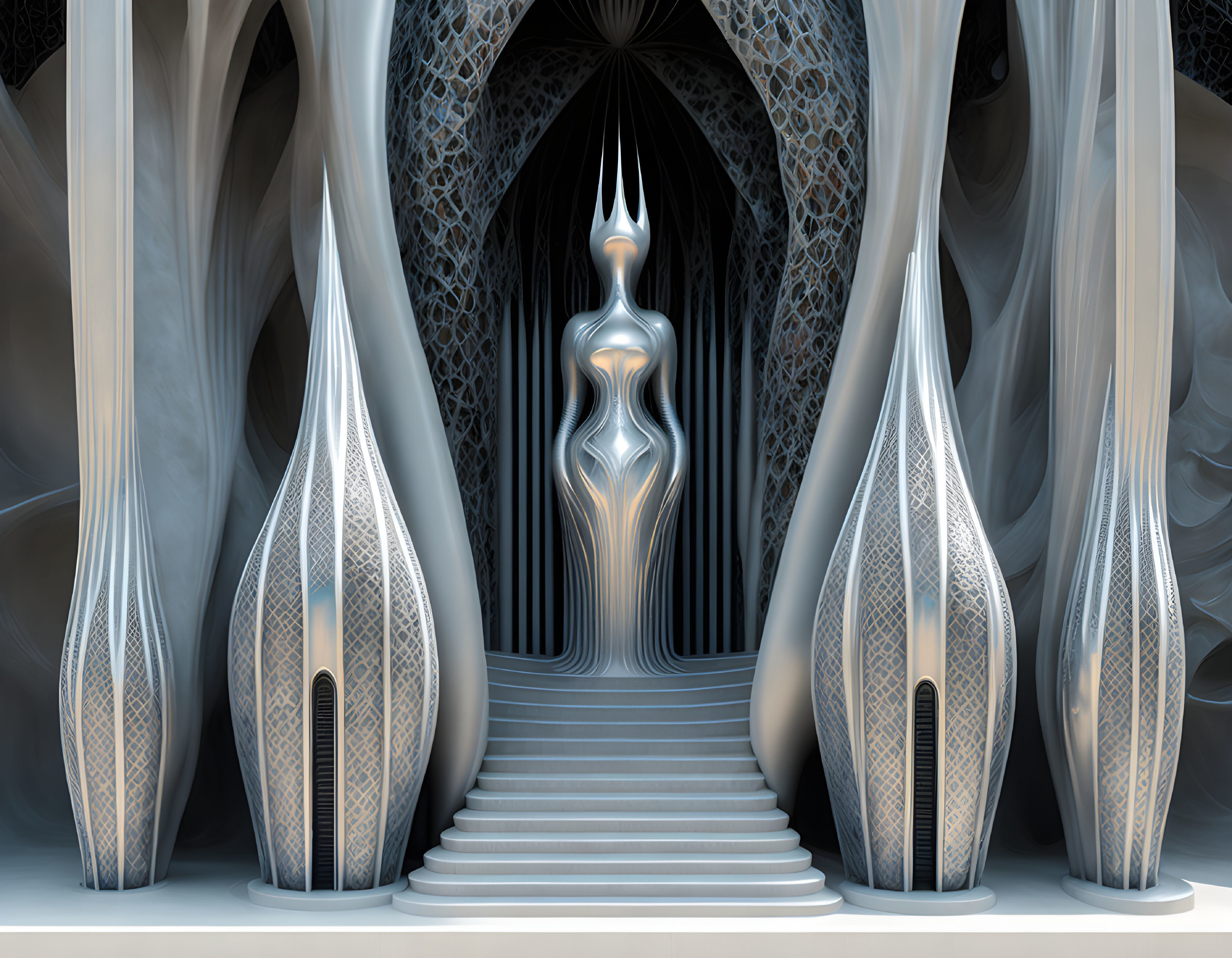 Symmetric surreal digital artwork of futuristic interior with humanoid figure