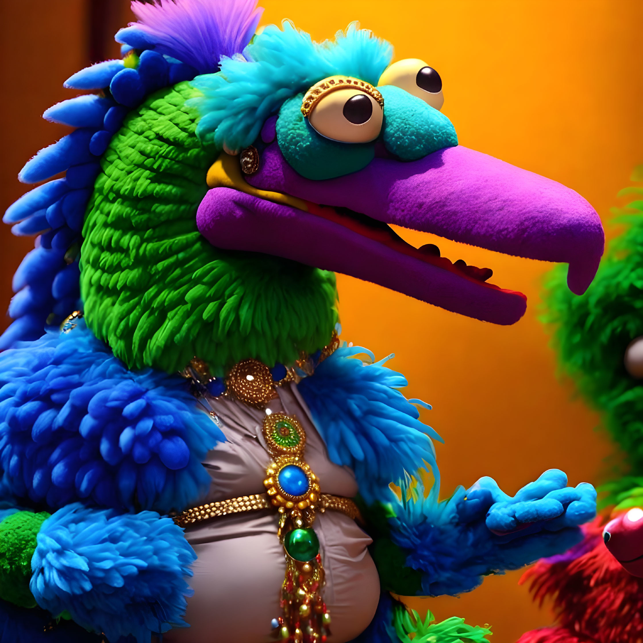 Vibrant costumed character with blue and green feathers and purple beak.