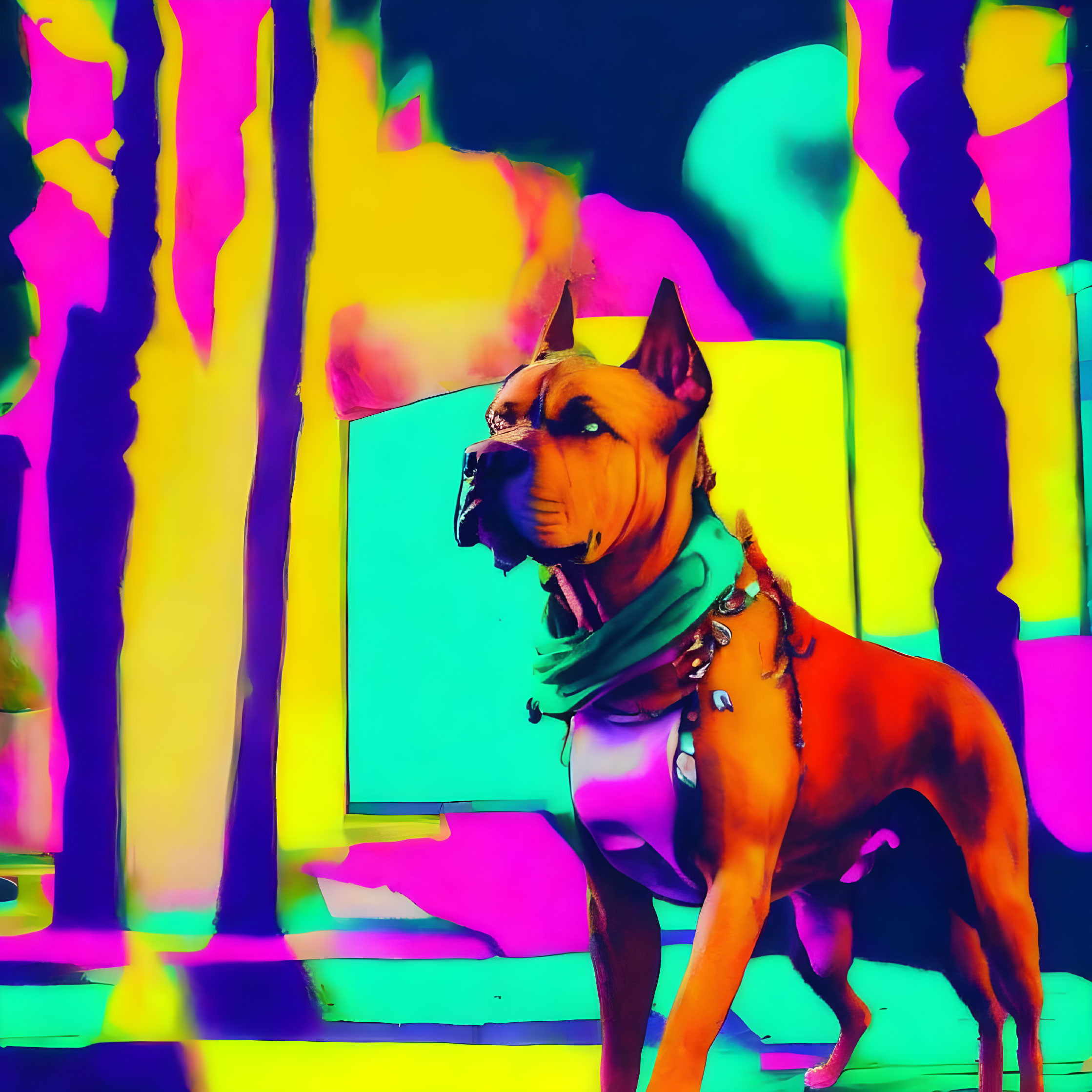 Vibrant neon colors transform dog with scarf in surreal setting