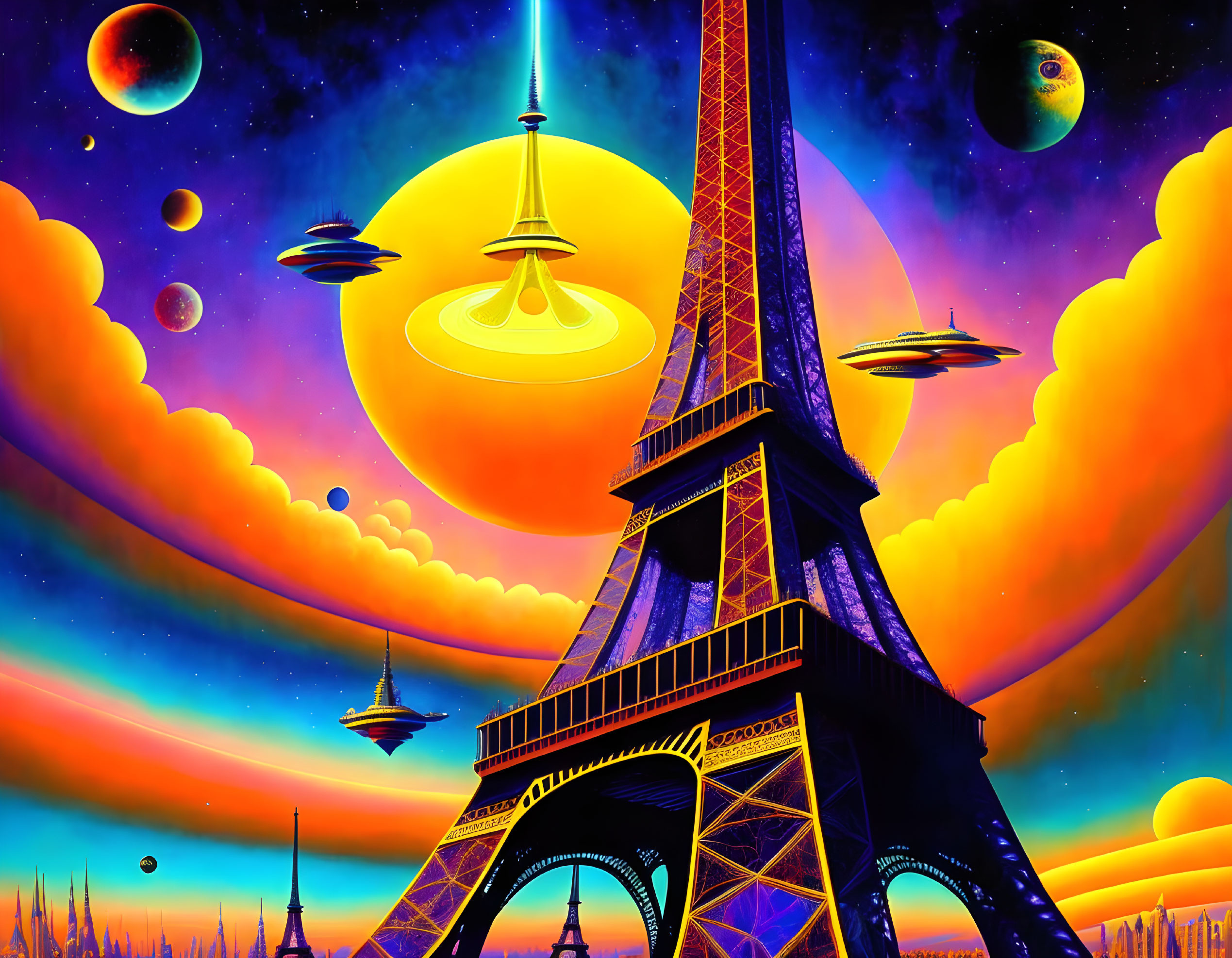 Surreal Eiffel Tower art with cosmic theme and UFOs