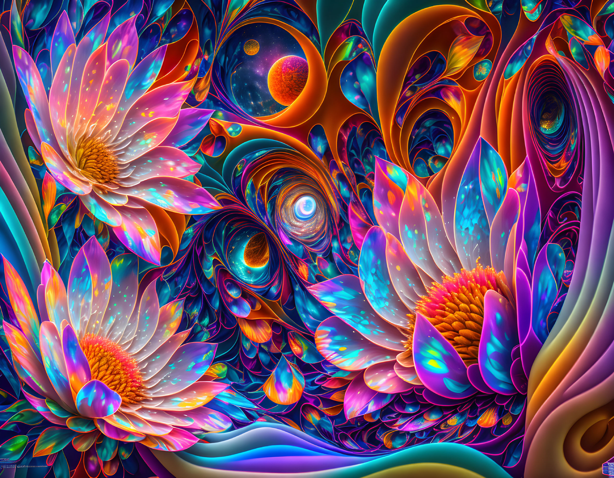 Colorful digital artwork: Neon flowers & abstract shapes on cosmic background