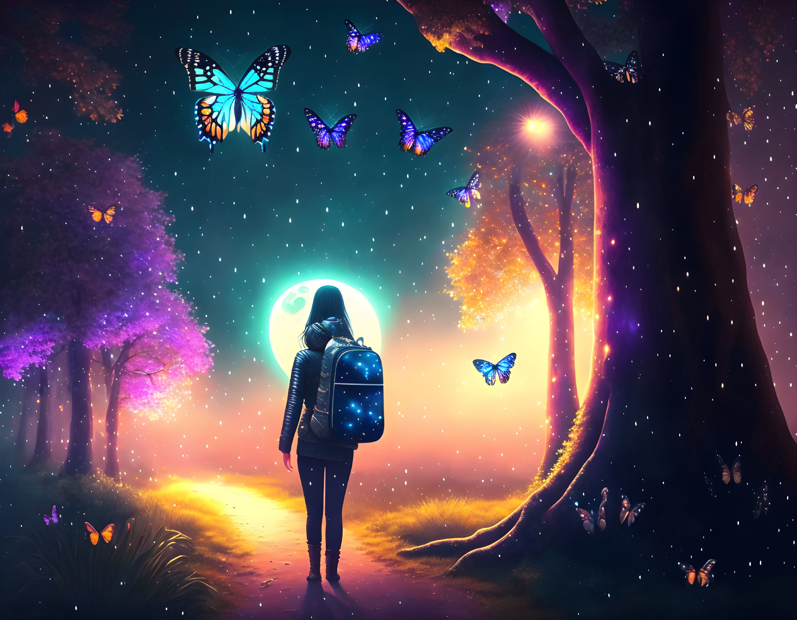 Backpacker under starry sky with glowing butterflies and moon