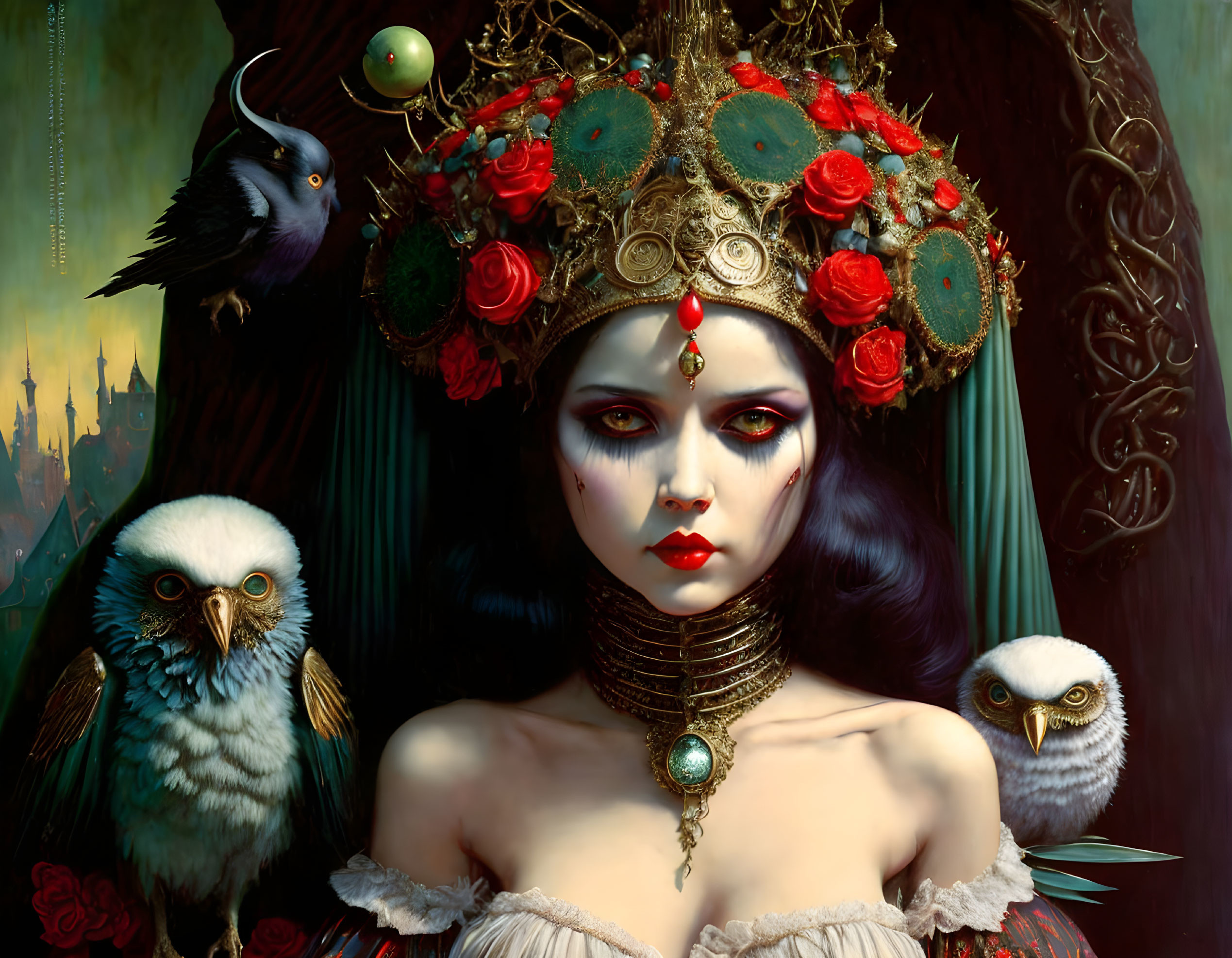 Woman with pale skin, dark lipstick, intricate headgear, flanked by intense owls