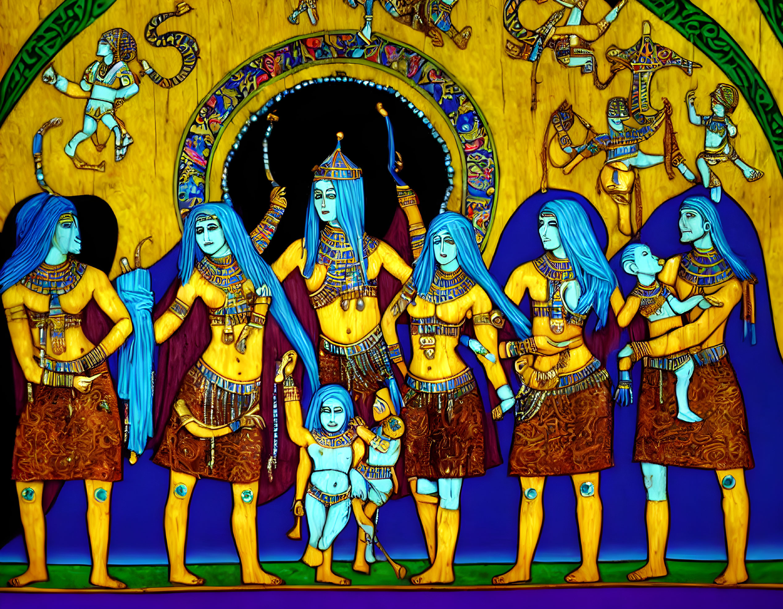 Vibrant Indian-themed illustration with blue-skinned figures and ornamental patterns