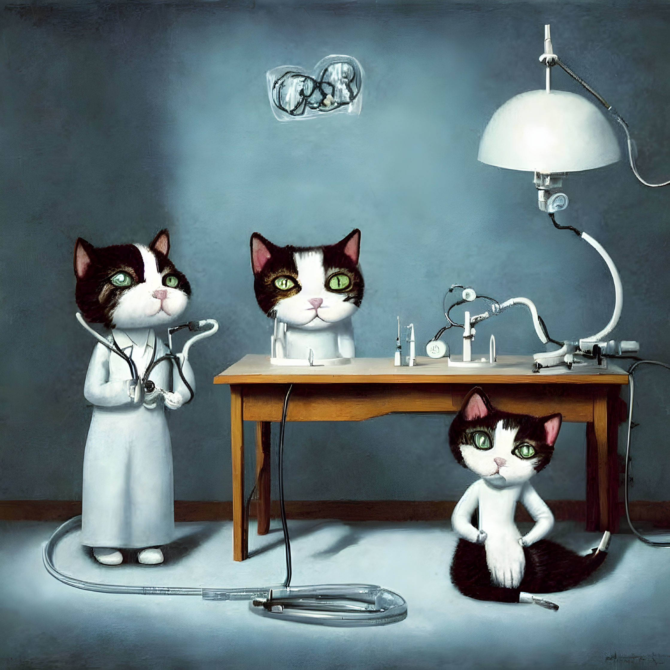Anthropomorphic cats in vintage-style doctor's office scene