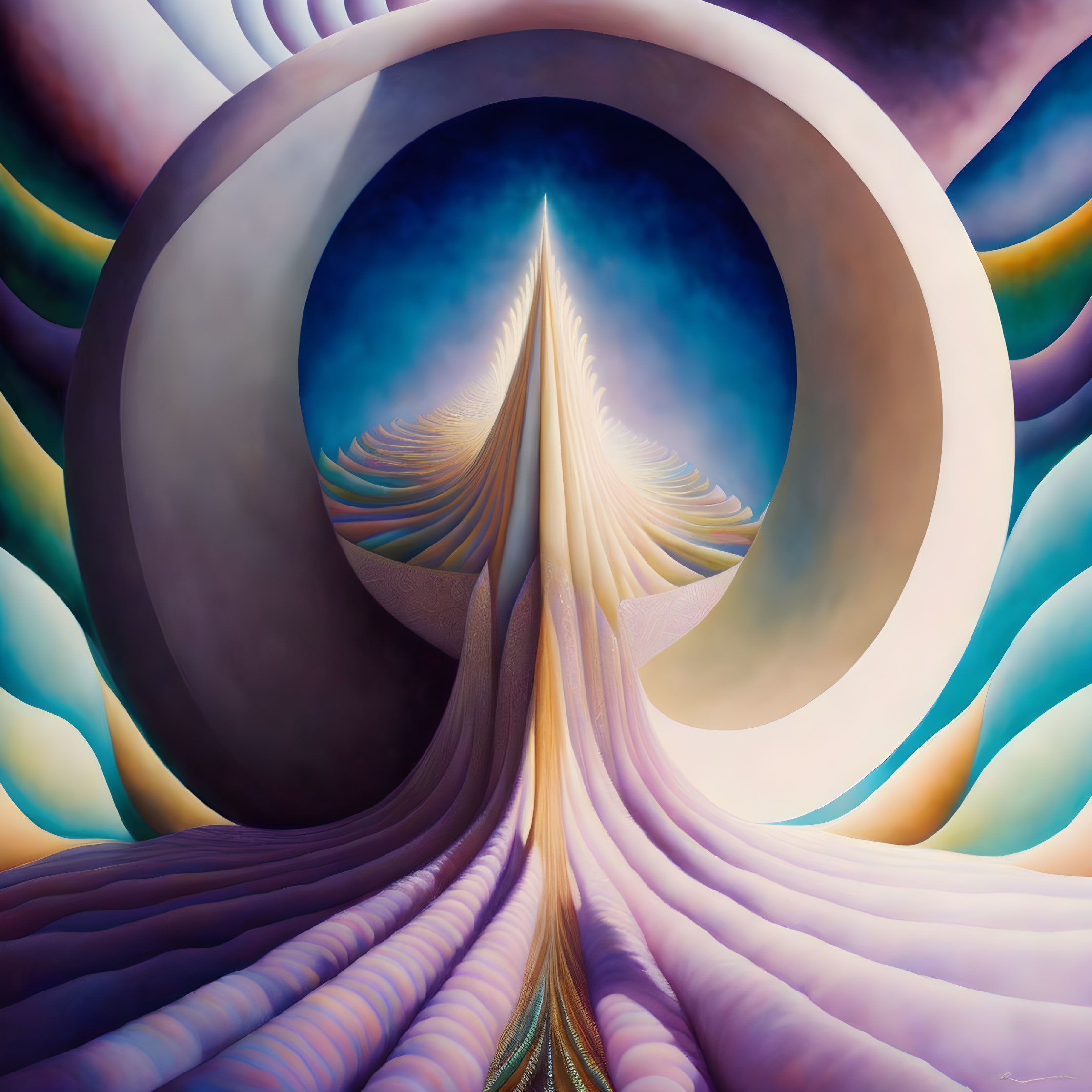 Ethereal digital painting of concentric arcs and spire in luminous sky