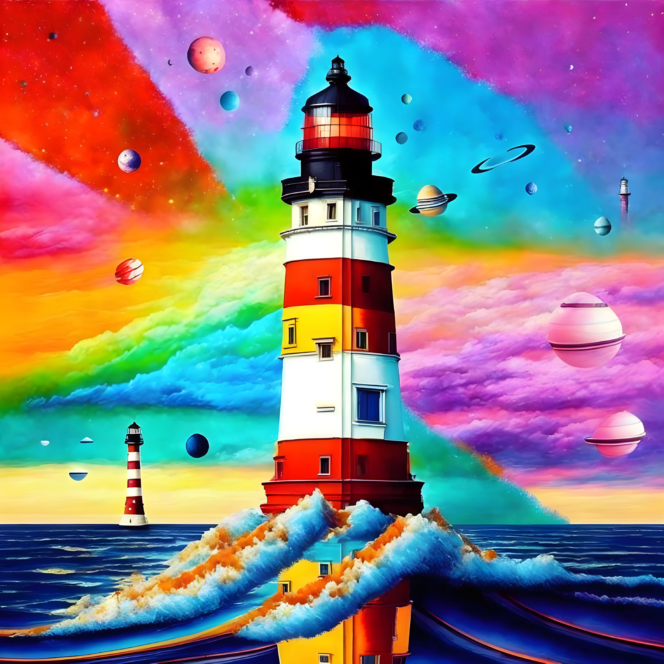 Colorful digital artwork: lighthouse, waves, cosmic sky, planets