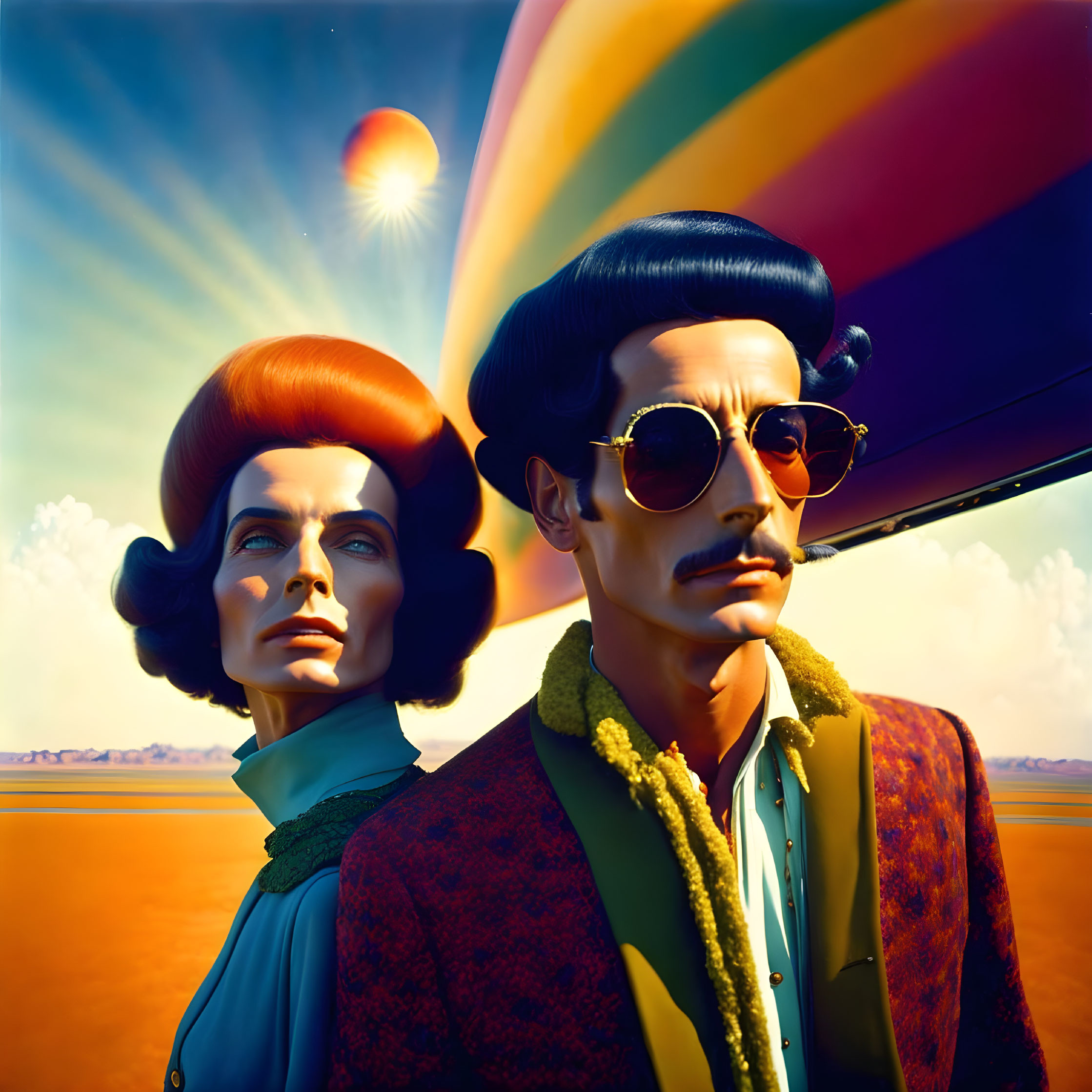 Retro-futuristic portrait of man and woman with hot air balloon