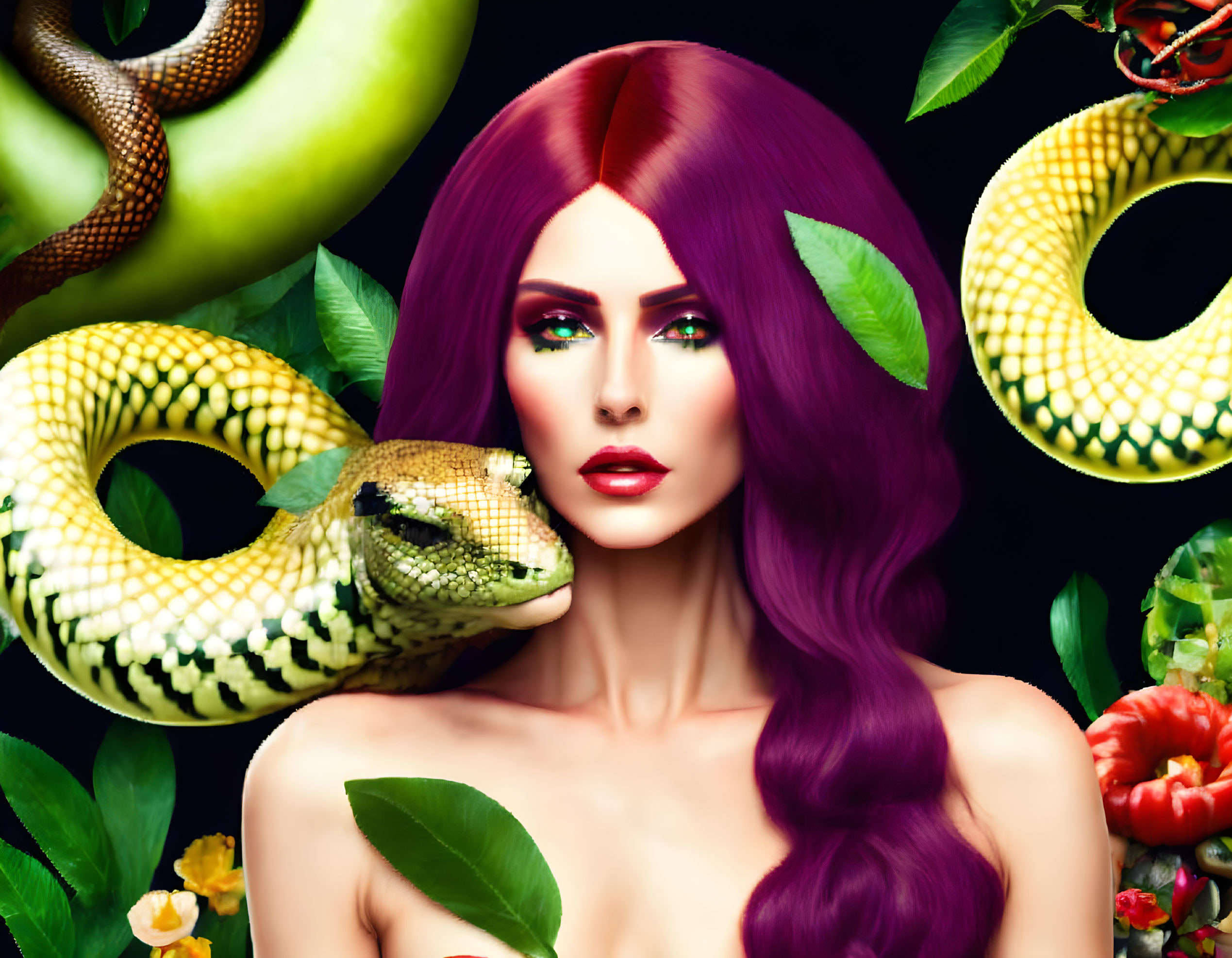 Woman with Purple Hair, Green Eyes, Snakes, and Leaves on Dark Background