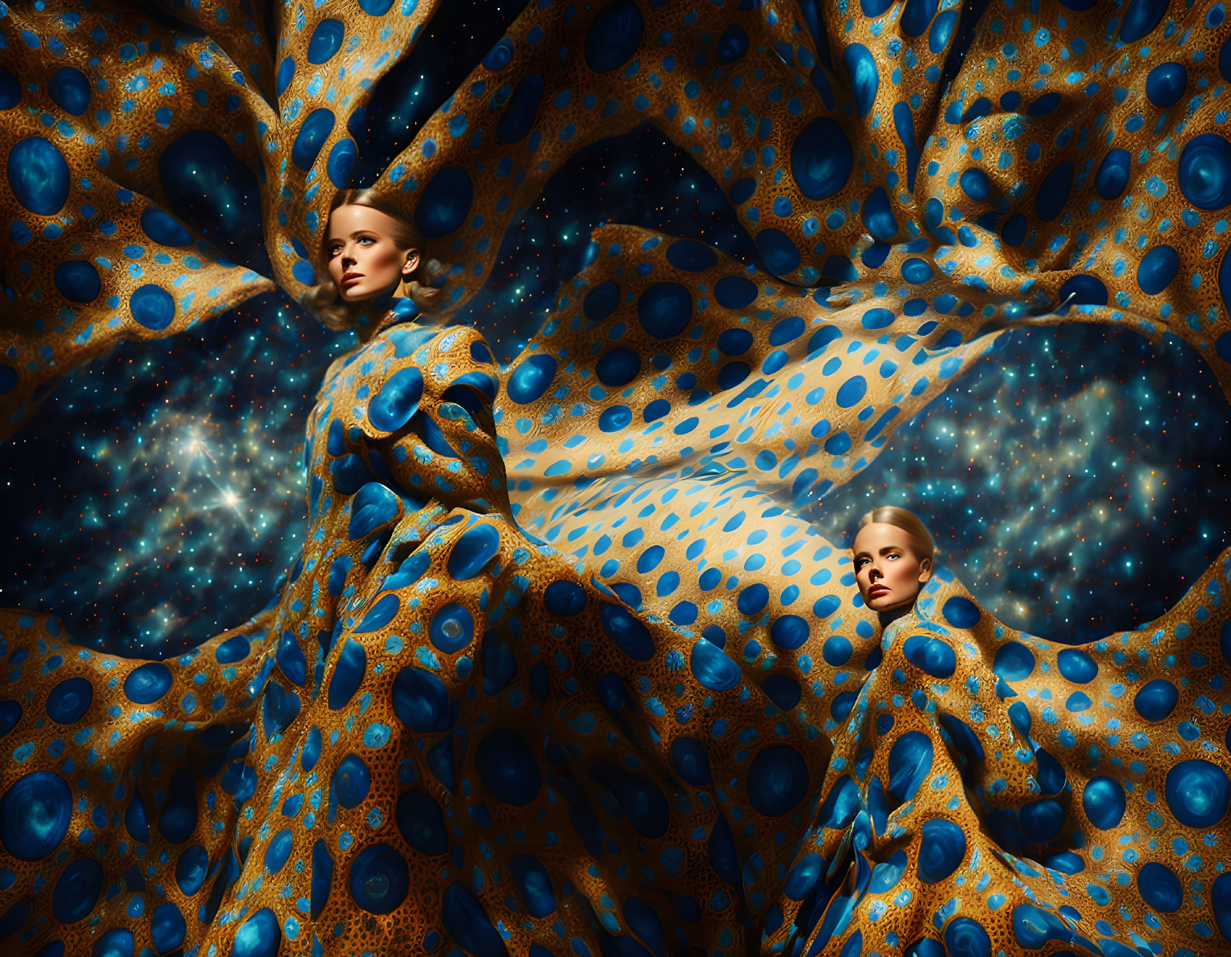 Two women merging with cosmic peacock fabric in surreal setting