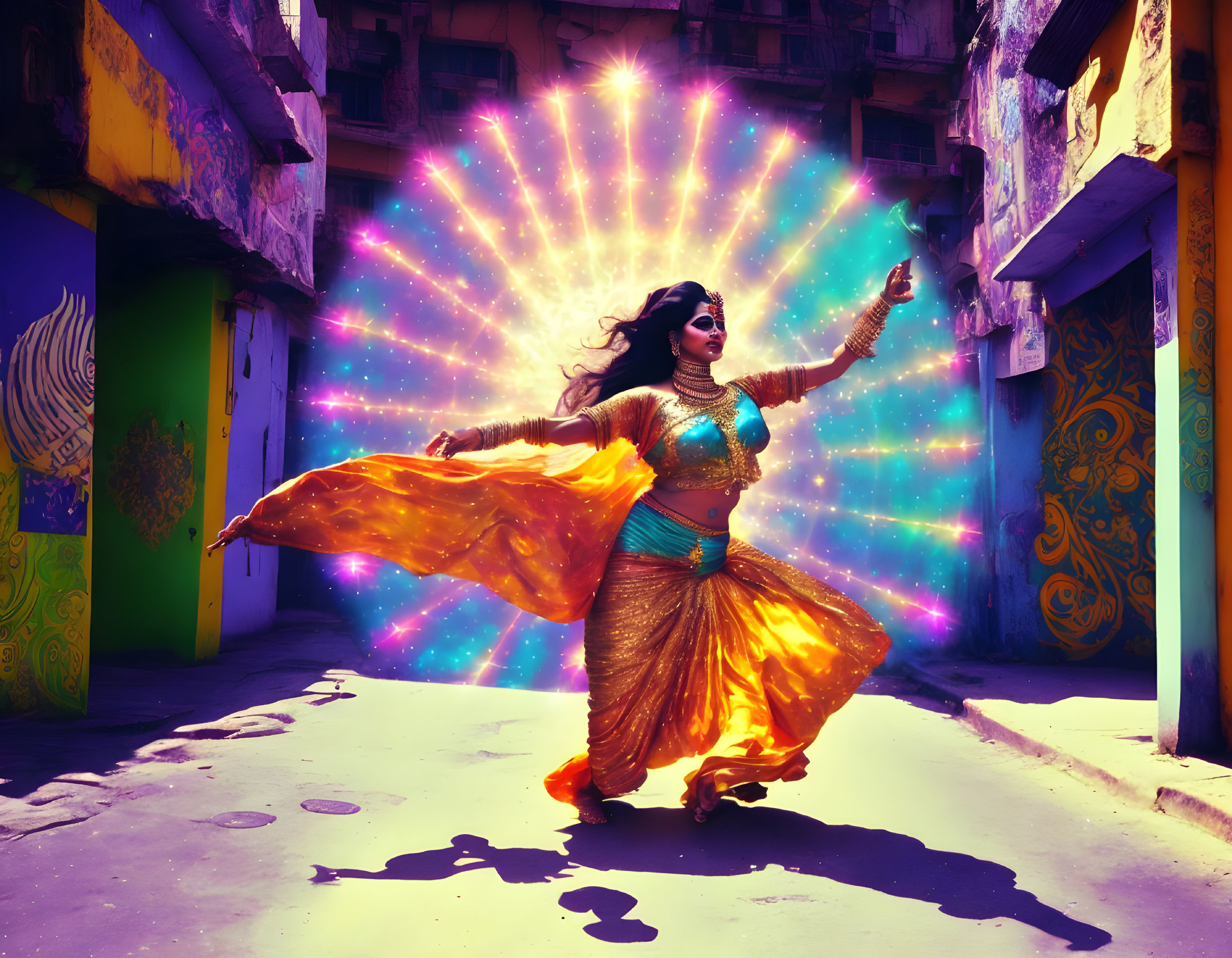 Colorful Indian woman dancing in alley with rainbow burst.