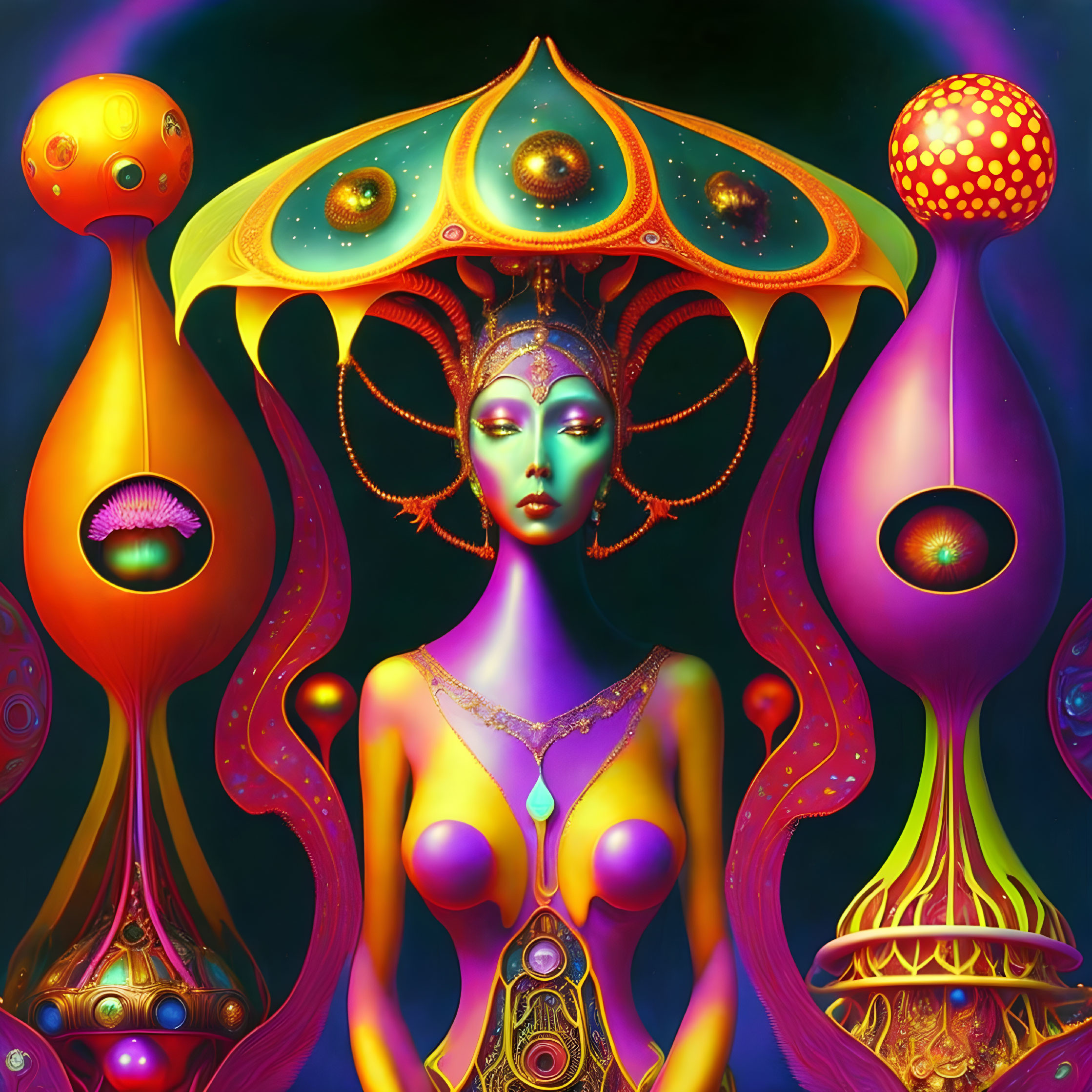 Colorful surreal image of green-skinned woman with elaborate headgear and jewelry