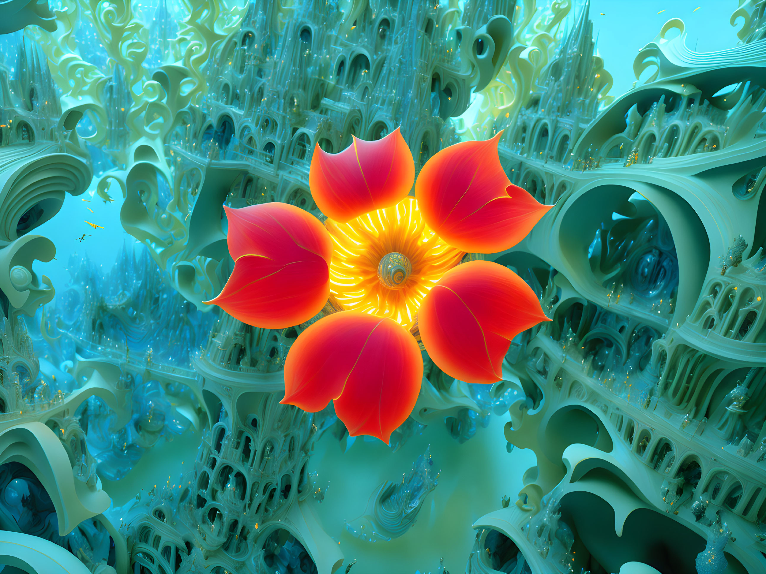 Vivid Red Flower Floating Above Turquoise Landscape