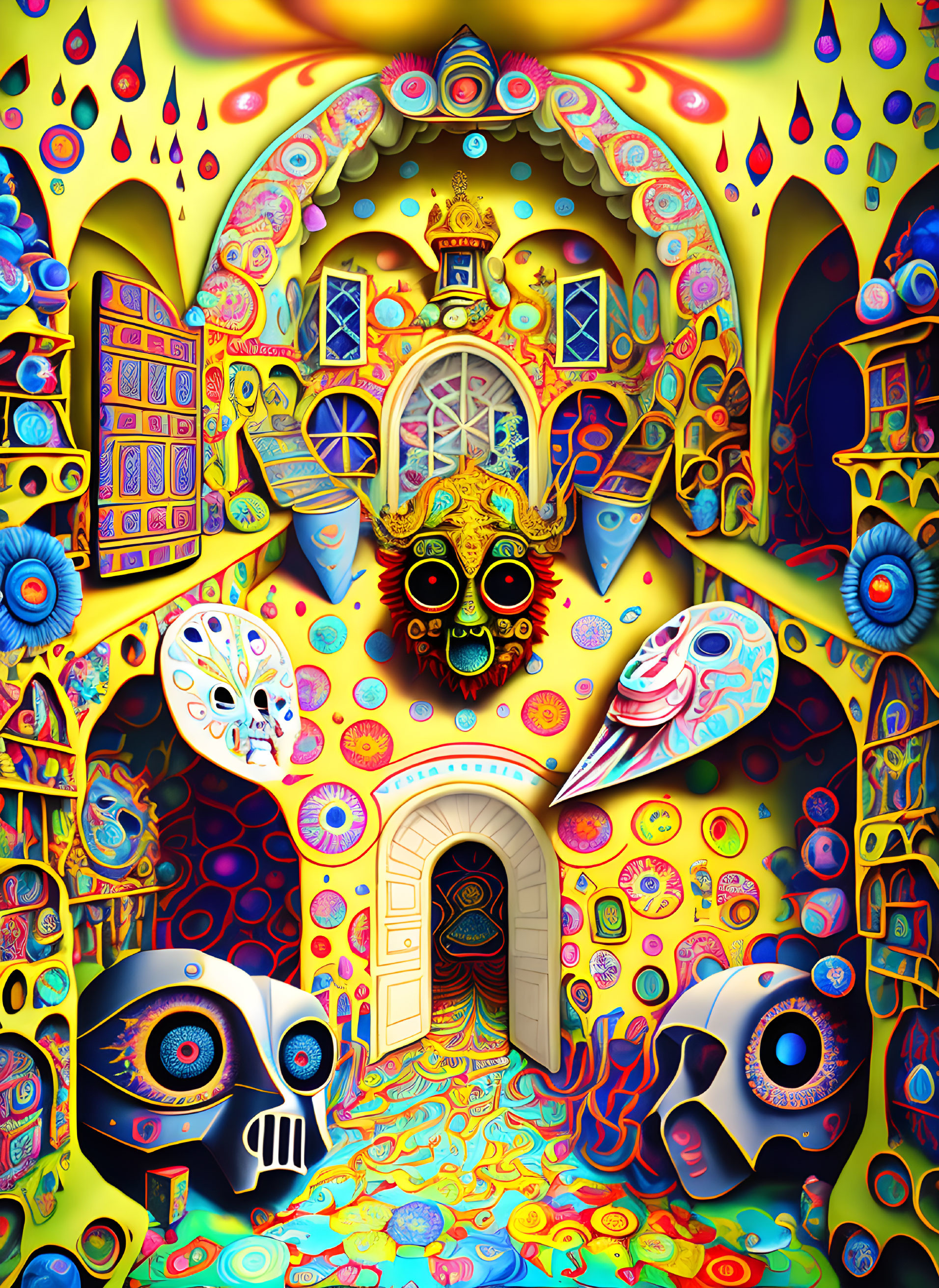 Colorful psychedelic digital art with skull motifs, eyes, and ornate patterns around an architectural doorway