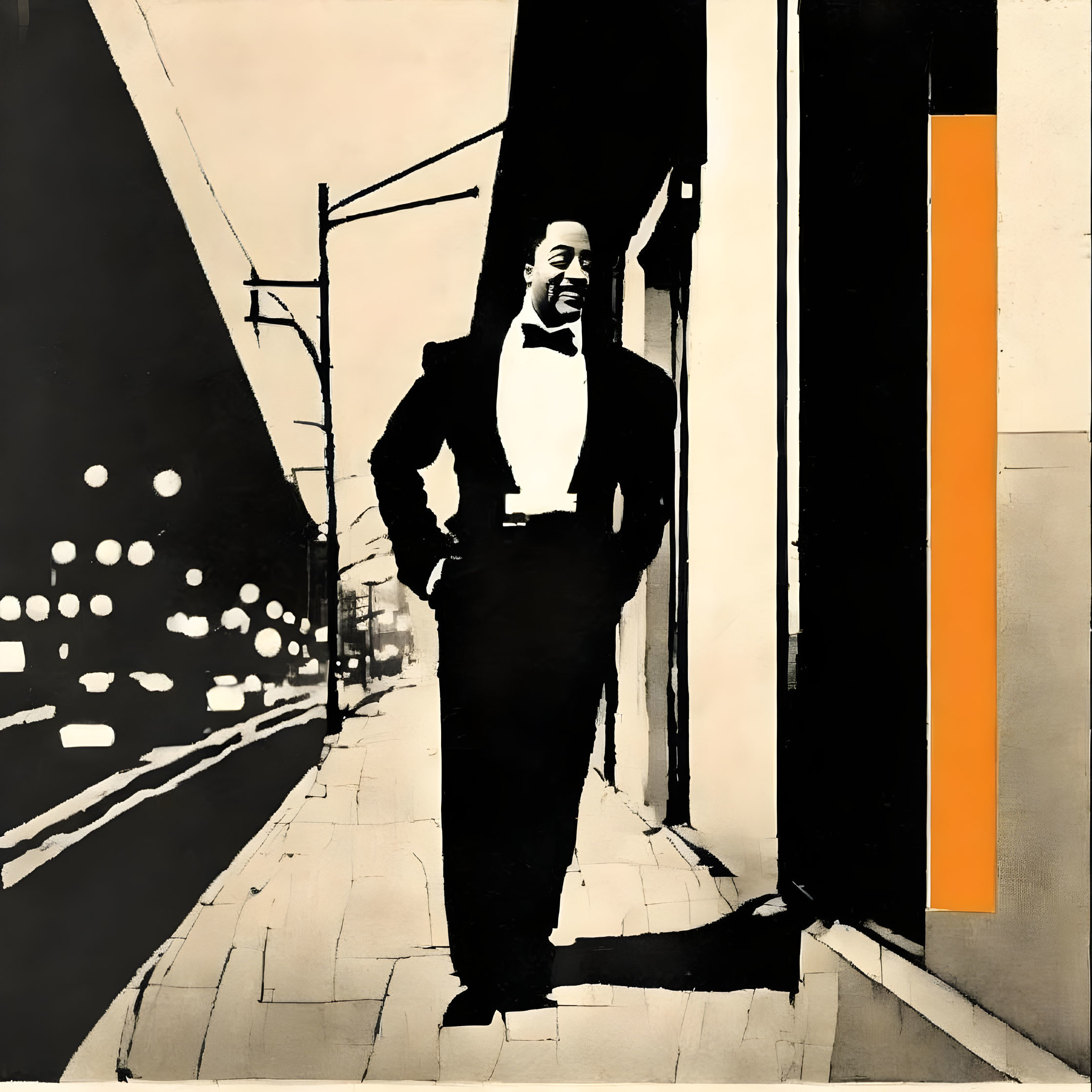 Monochrome city street scene with man in tuxedo leaning against building