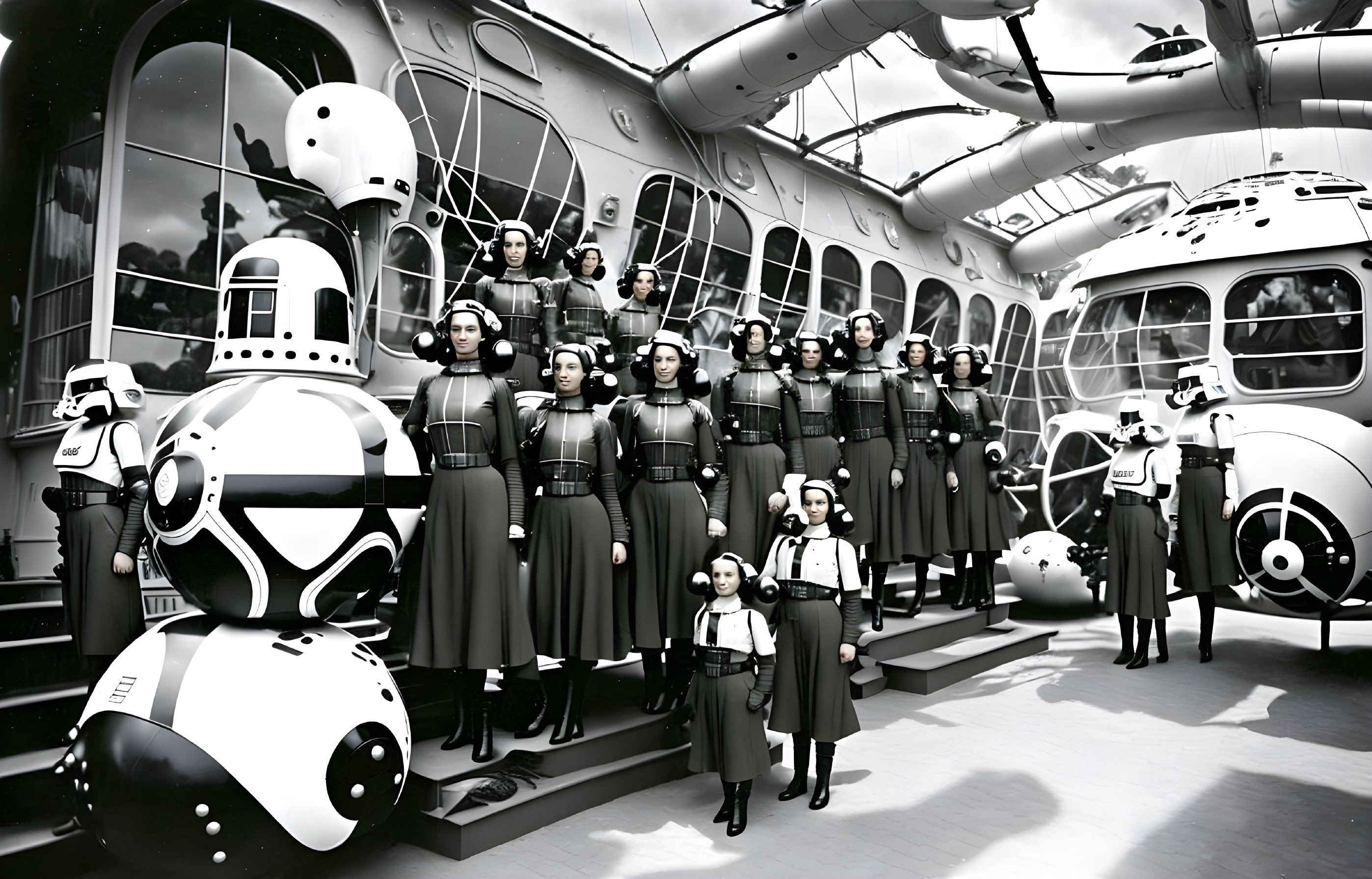 Monochrome image of people in uniform with spherical robots in futuristic setting