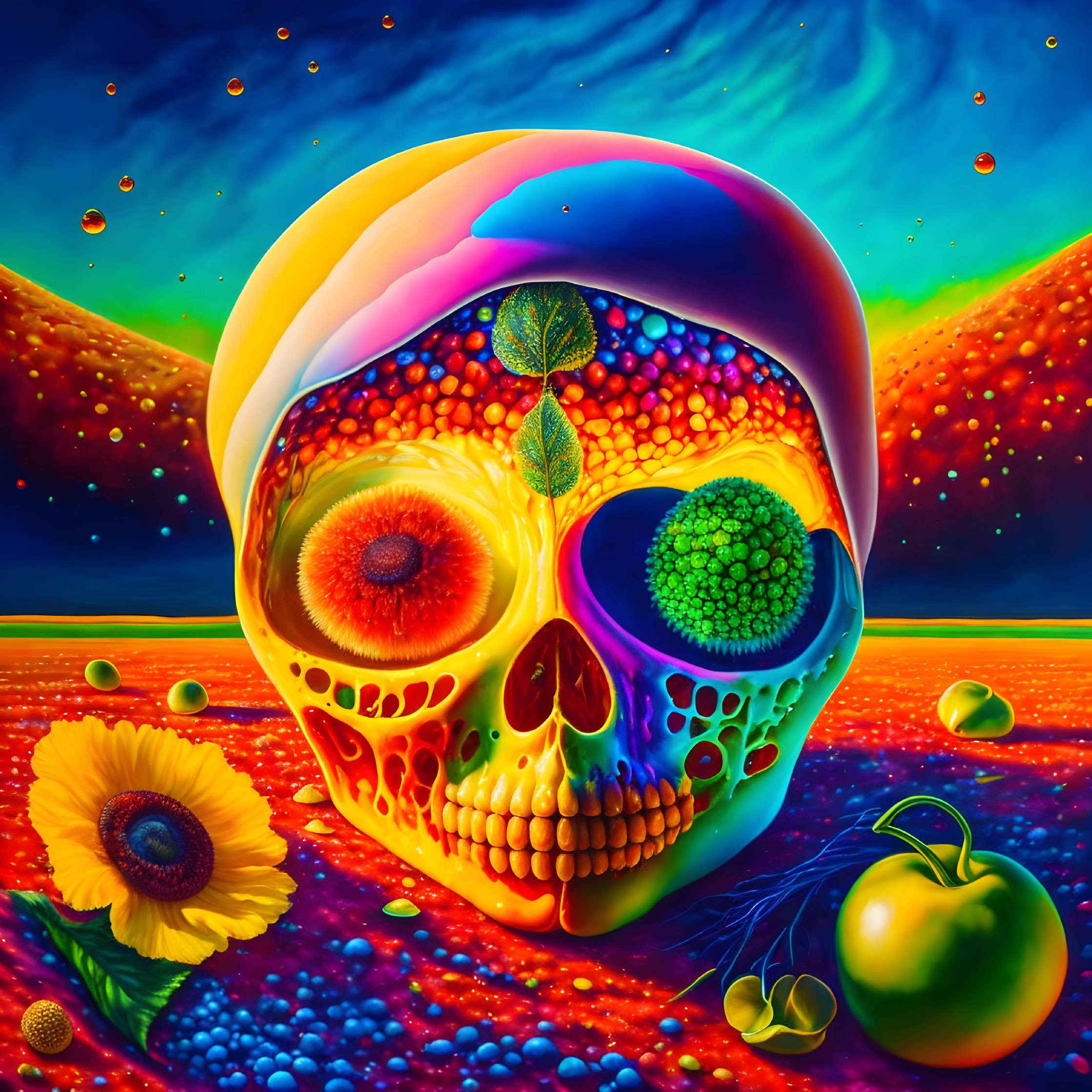 Colorful Psychedelic Skull with Flowers and Tomato in Neon Landscape