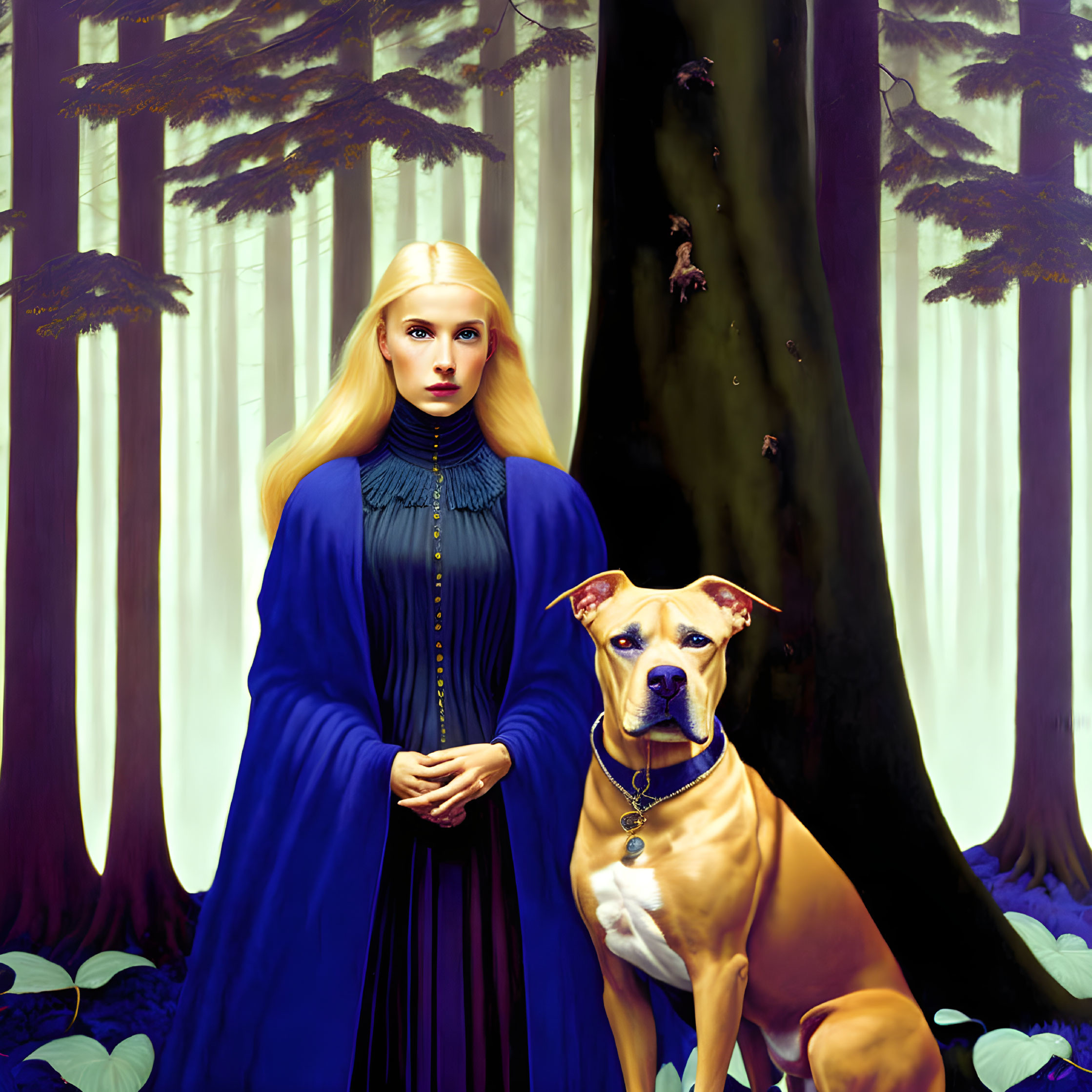 Blonde woman in blue cloak with brown dog in foggy forest