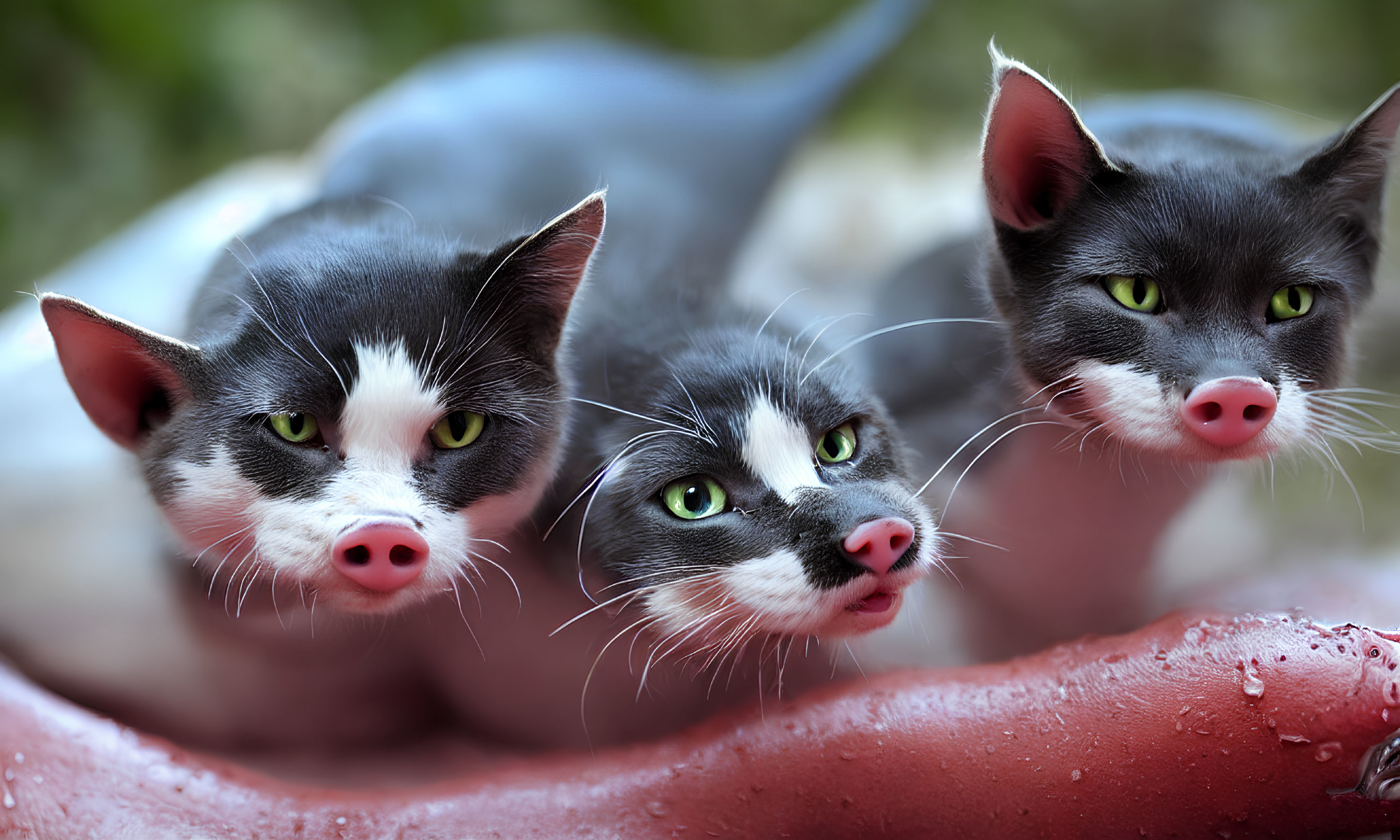 Three cats with pig-like features looking at the camera against blurred background