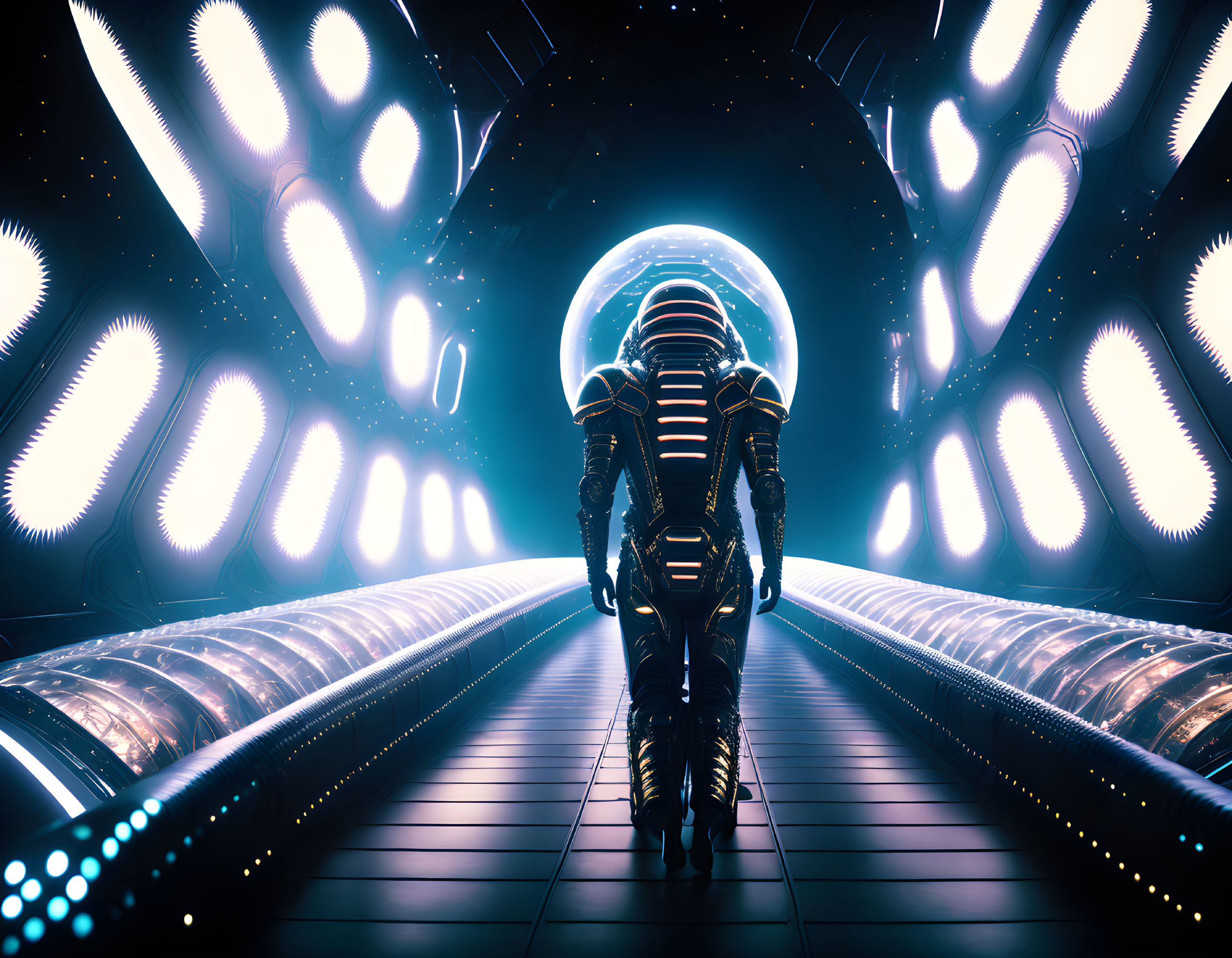 Futuristic sci-fi corridor with illuminated panels and astronaut