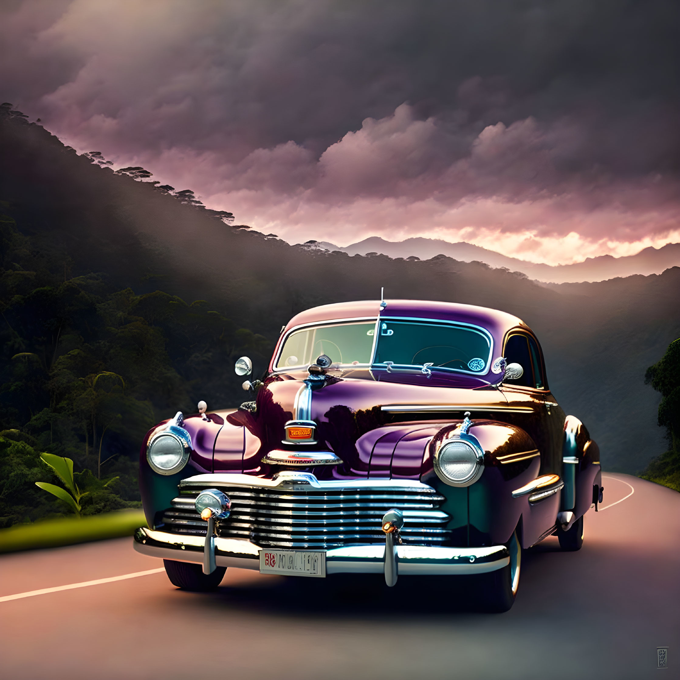 Vintage car driving on mountain road under dramatic cloudy sky