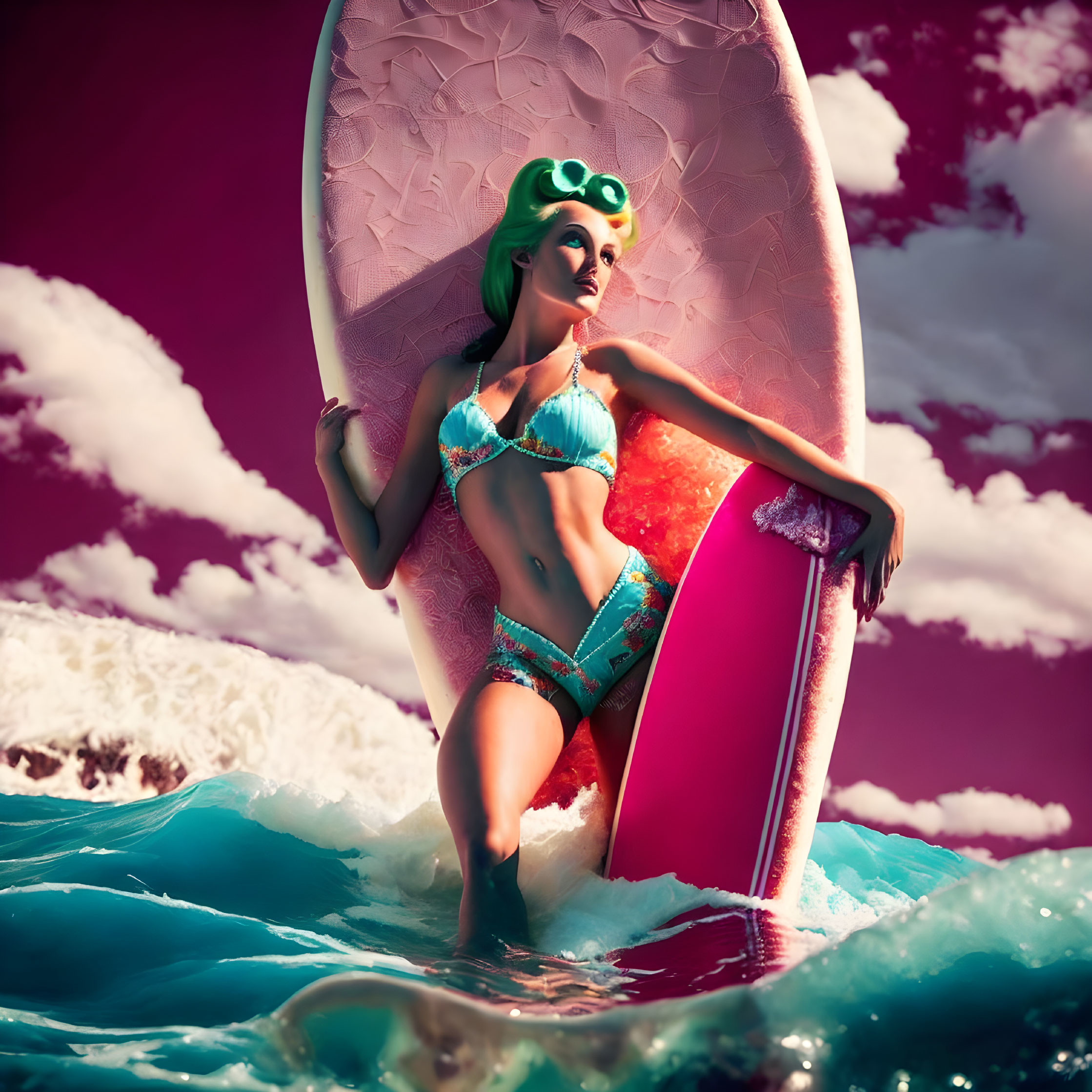 Woman in teal bikini posing with surfboard in surreal ocean setting