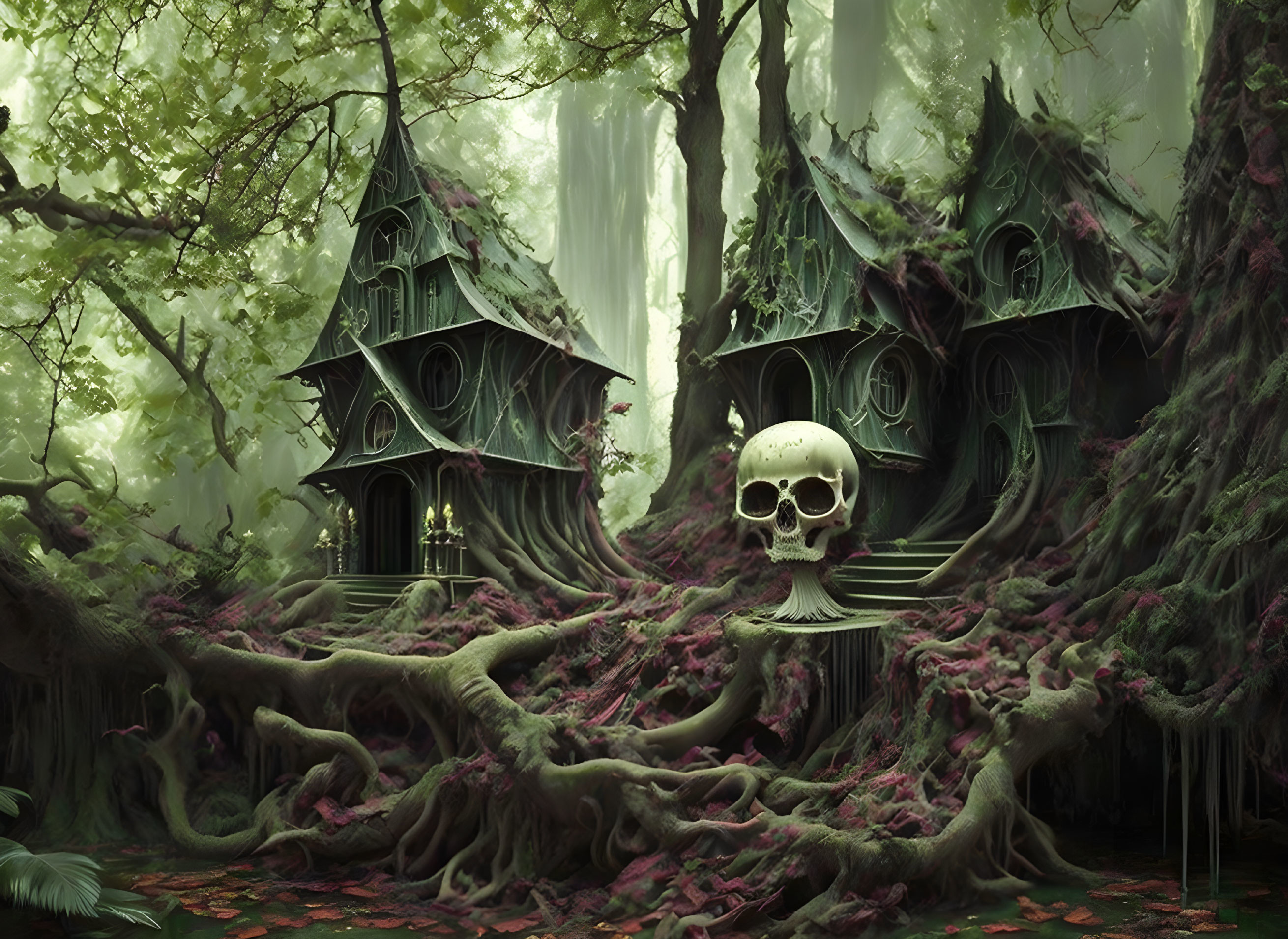 Mystical treehouses in enchanted forest with skull and waterfalls