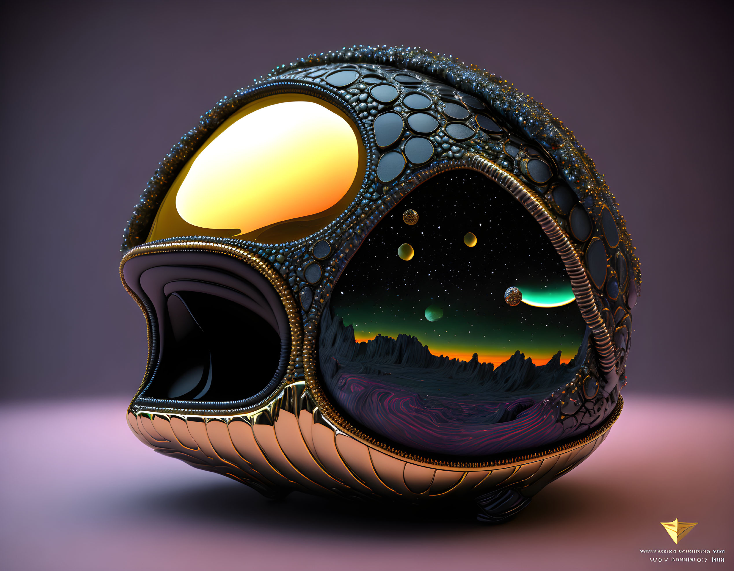 Intricate futuristic helmet design with cosmic landscape motif