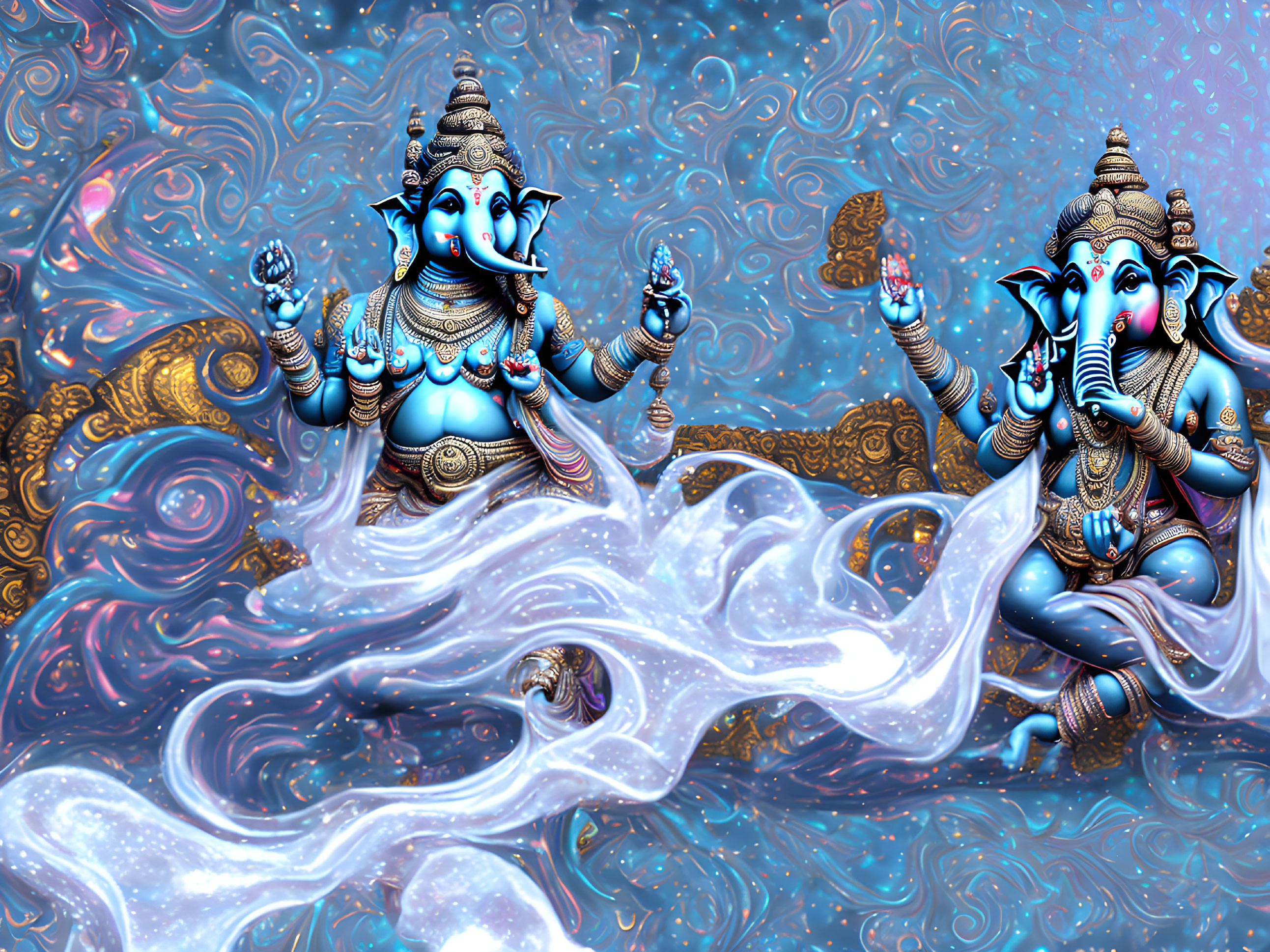 Ornate blue-skinned elephant-headed figures in cosmic setting