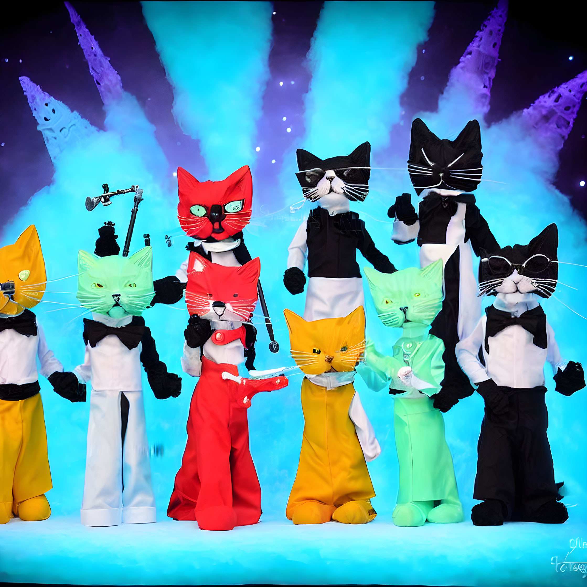 Eight Colorful Anthropomorphic Cat Costumes on Stage with Icy Backdrop