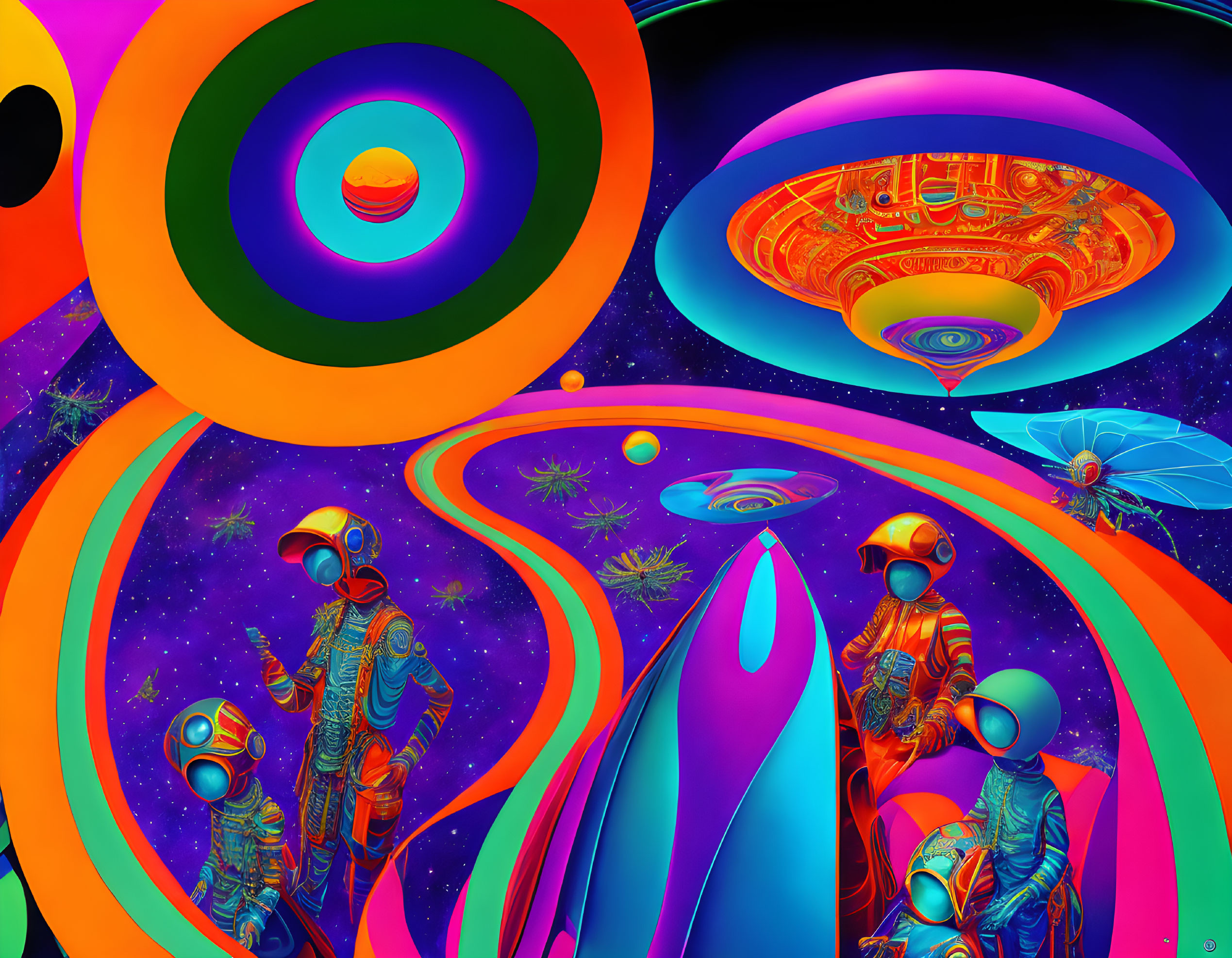 Colorful Psychedelic Artwork with Humanoid Figures in Space Suits