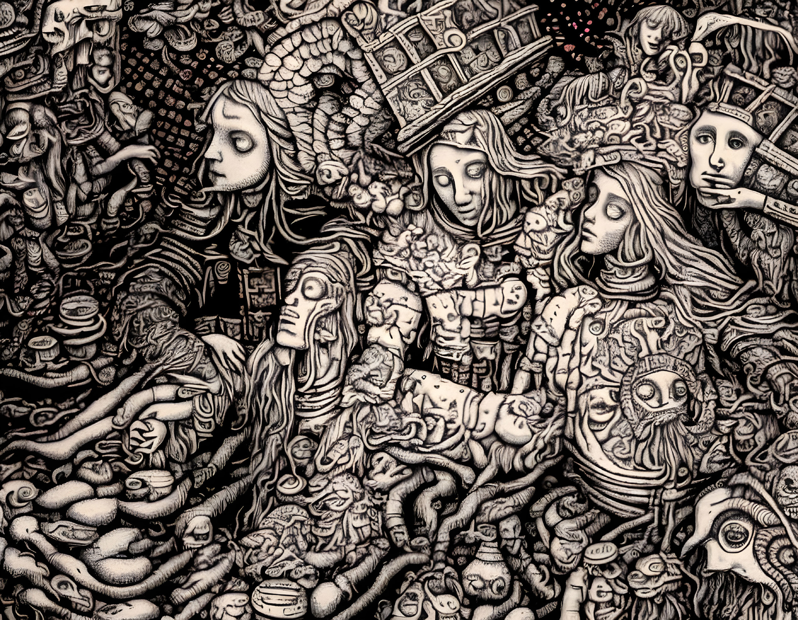 Detailed Monochrome Surreal Drawing of Intertwined Figures