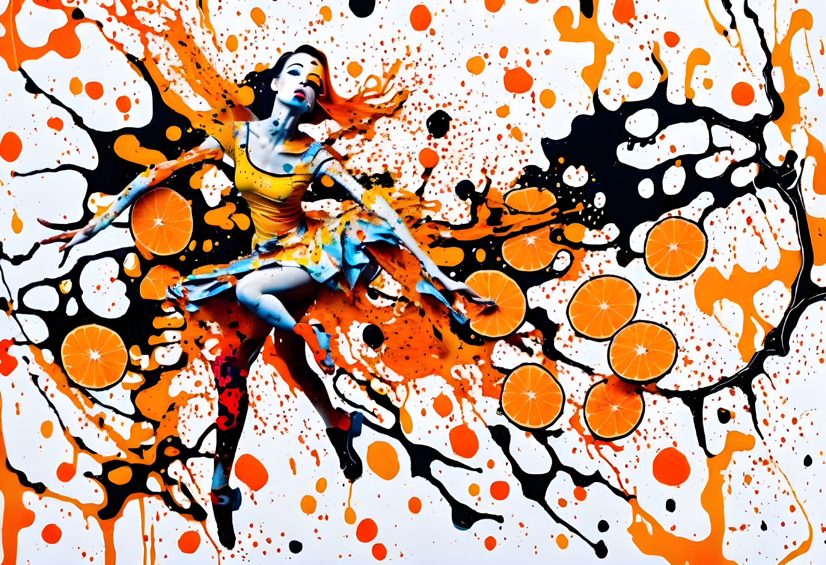 Abstract artwork featuring woman among orange and black splashes