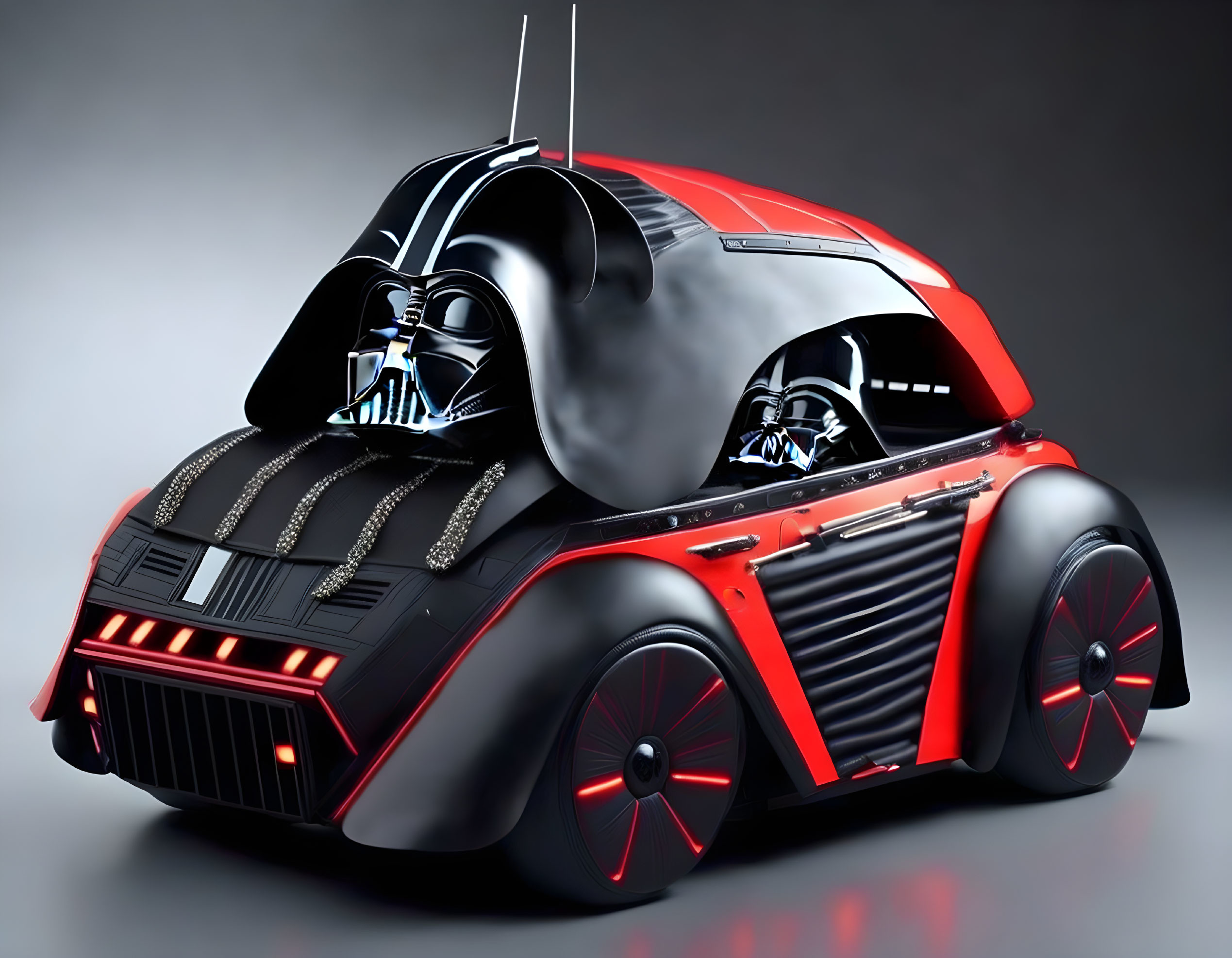 Futuristic car design with Darth Vader helmet integration in black and red palette