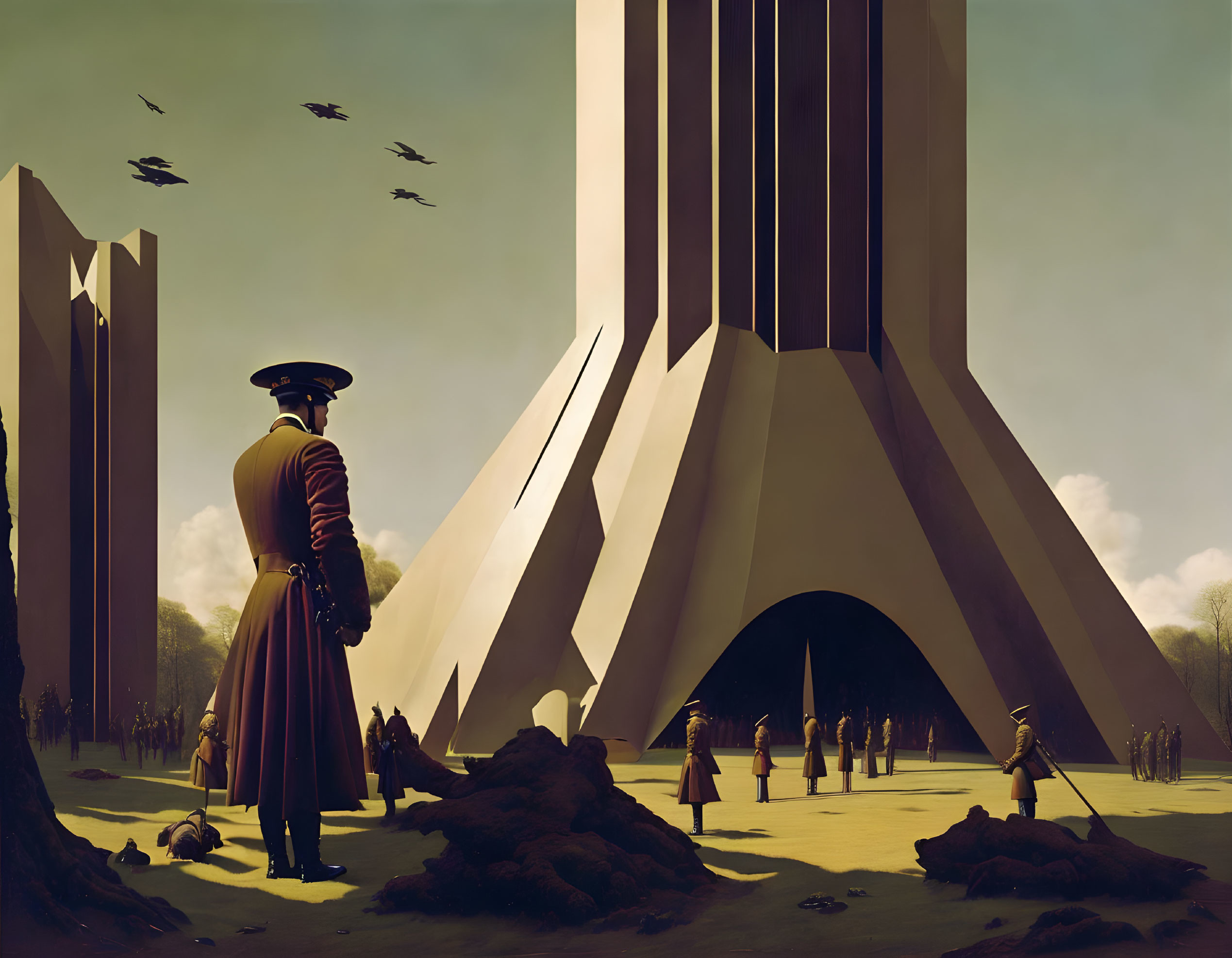 Uniformed Figure in Surreal Futuristic Landscape with Towering Structures