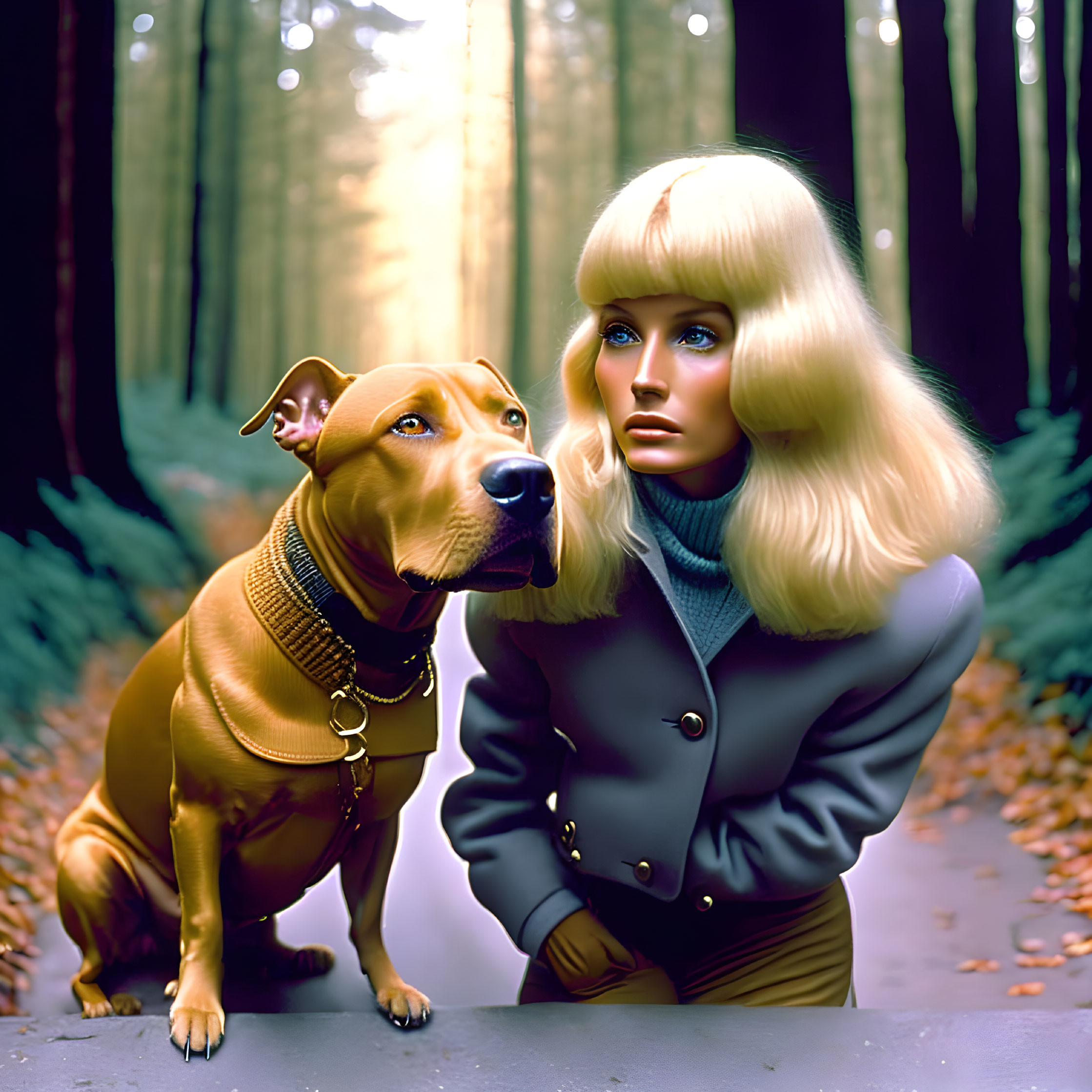 Blonde woman with dog in sweater in sunlit forest