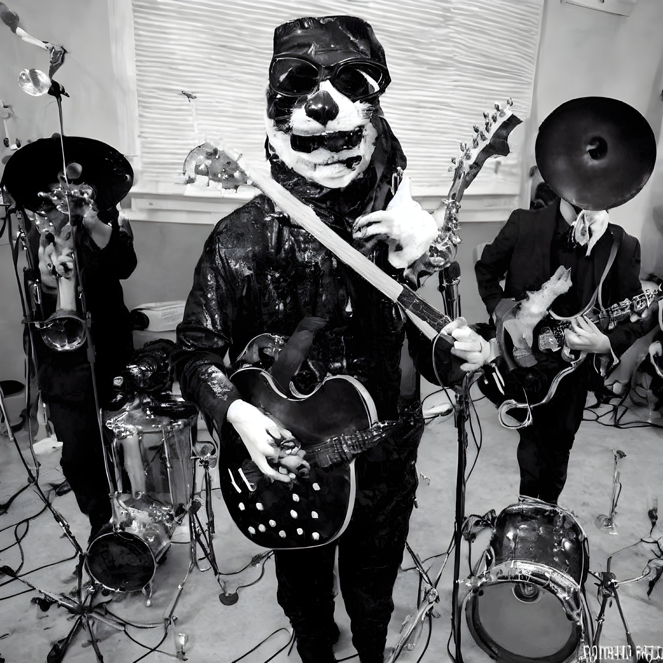 Formal Attired Band with Quirky Masks Playing Instruments